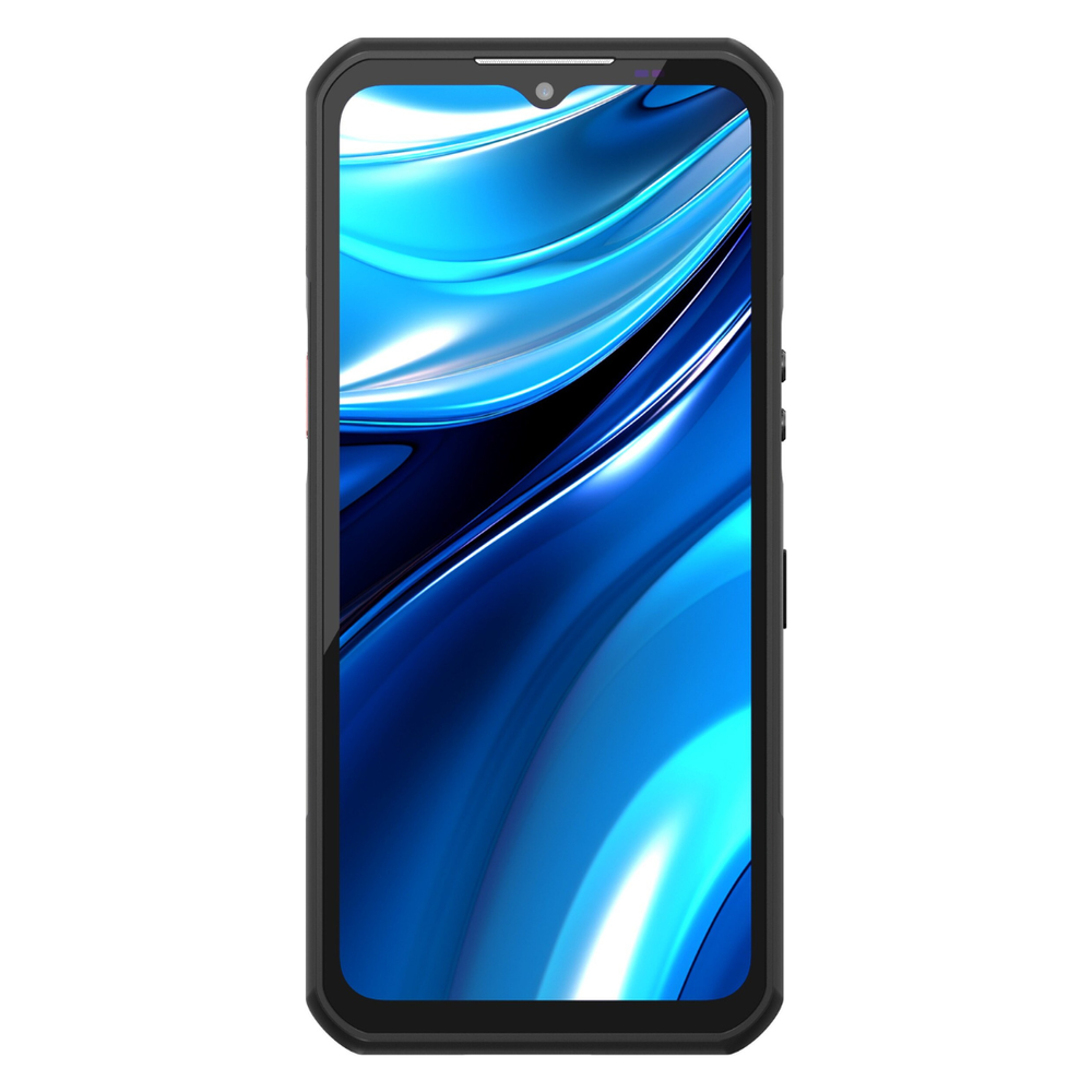 Uno smartphone nero robusto mostra uno sfondo astratto blu fluido.