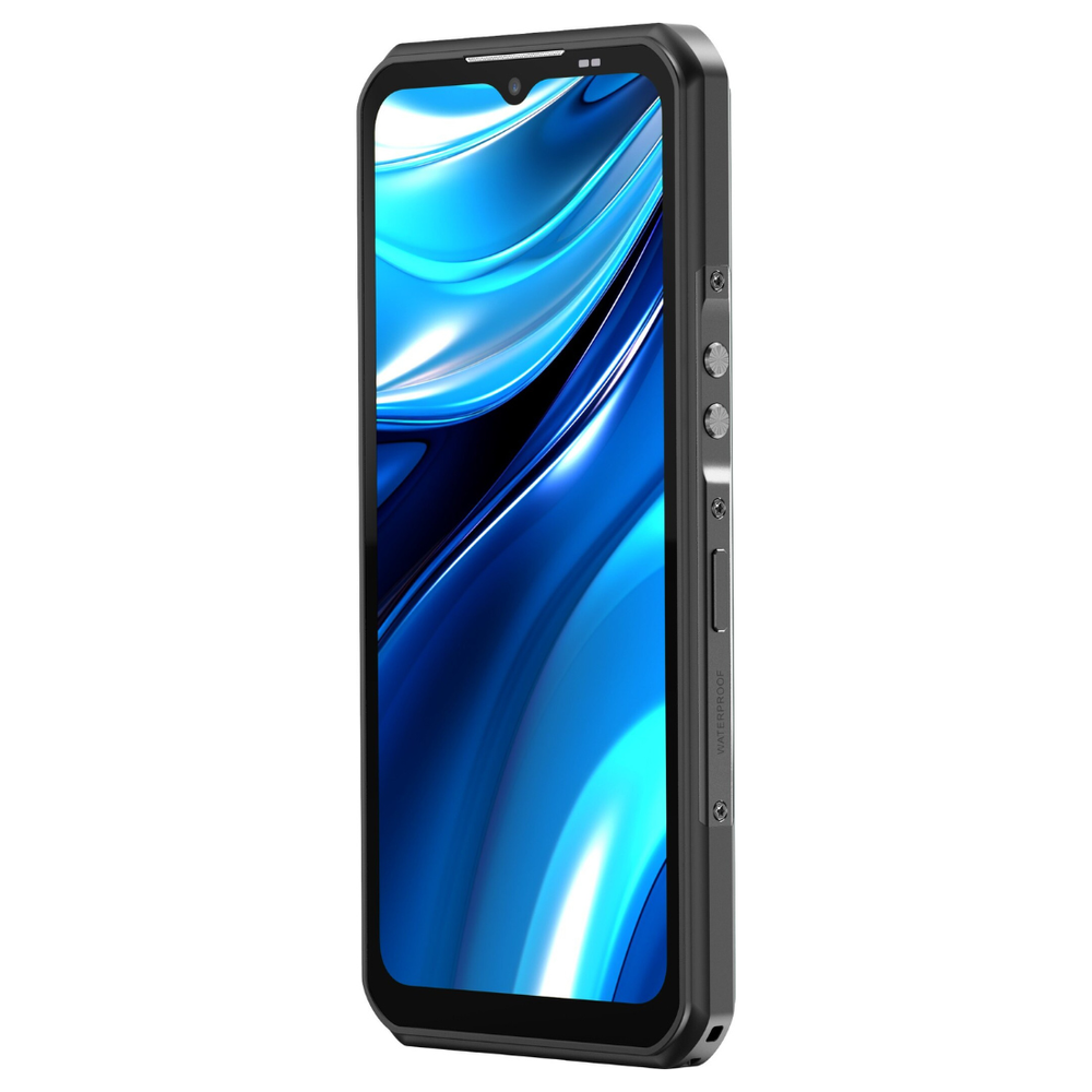 Uno smartphone nero robusto con angoli arrotondati, sfondo d'acqua blu sullo schermo e pulsanti laterali fisici.