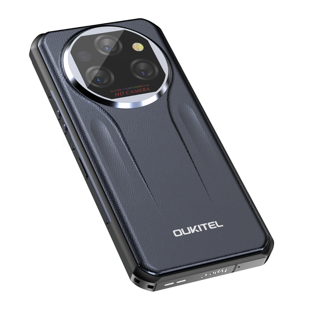 Retro di uno smartphone Oukitel nero con fotocamera HD rotonda e porta Type-C in basso.