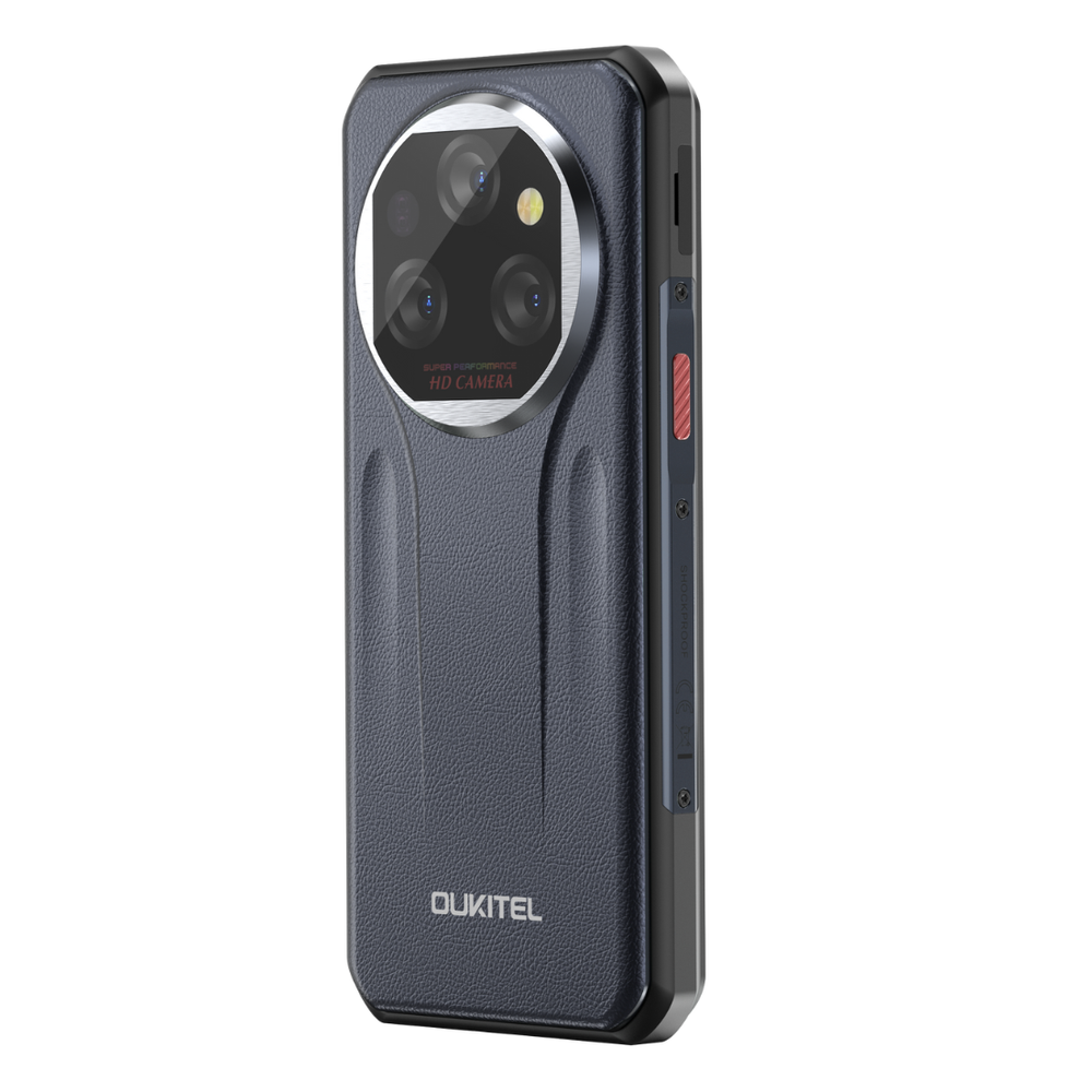 Retro di uno smartphone robusto blu Oukitel con tripla fotocamera HD in un modulo circolare.