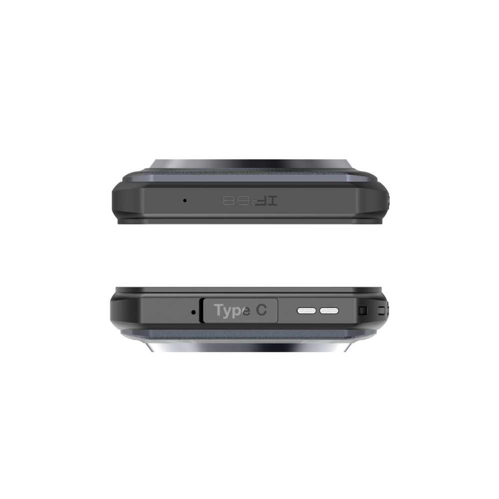 Vista laterale di uno smartphone rugged con etichetta IP68 e porta Type C.