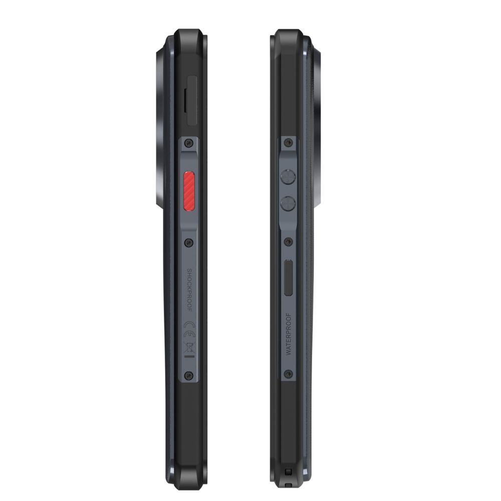 Vista laterale di uno smartphone rugged con pulsanti fisici e tasto rosso.