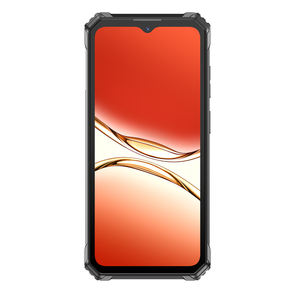 Uno smartphone rugged con custodia nera, che mostra uno sfondo astratto arancione e oro.