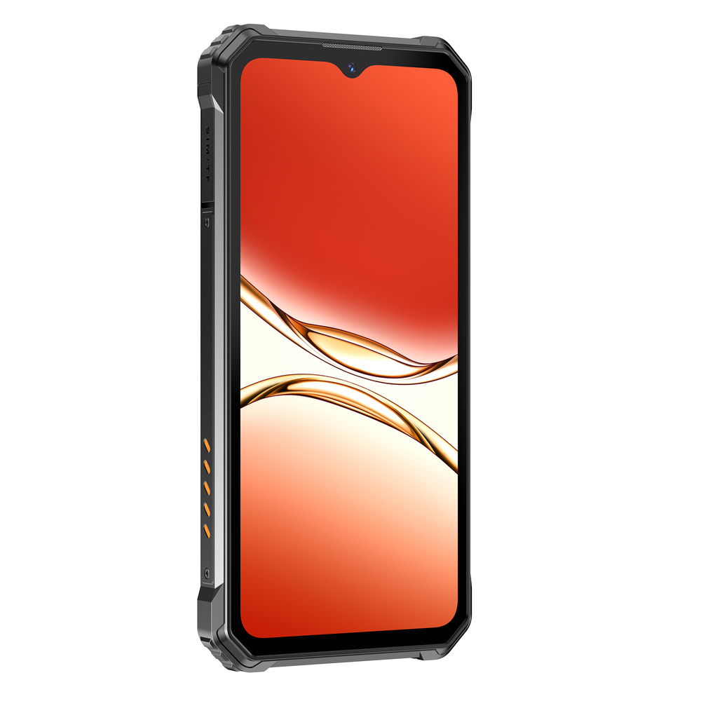 Uno smartphone nero robusto con uno sfondo astratto rosso e oro sullo schermo.