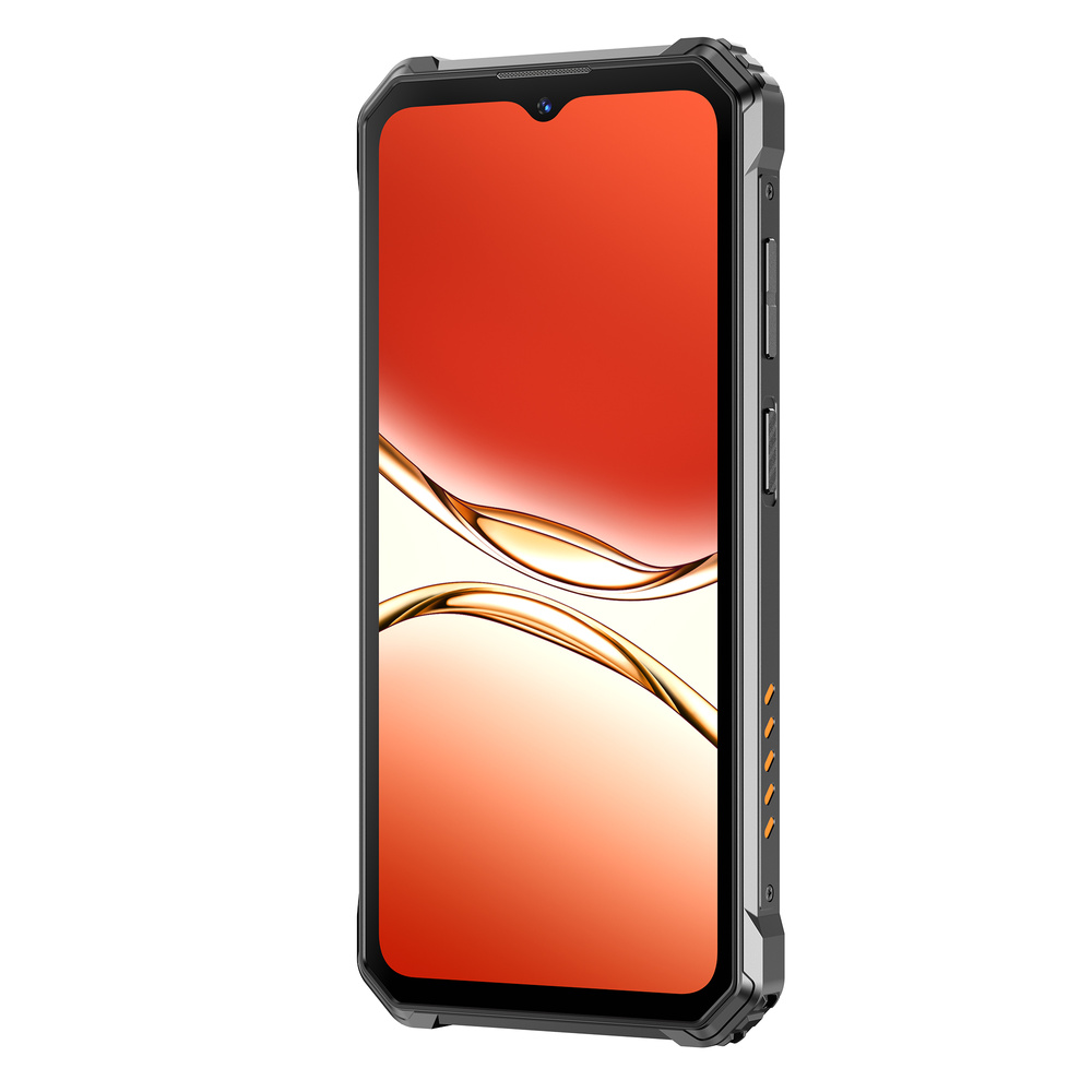 Uno smartphone robusto con cornice nera e sfondo dello schermo arancione e bianco su sfondo bianco.
