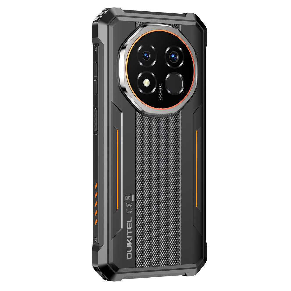 Retro di uno smartphone nero robusto con modulo fotocamera rotondo e dettagli arancioni.
