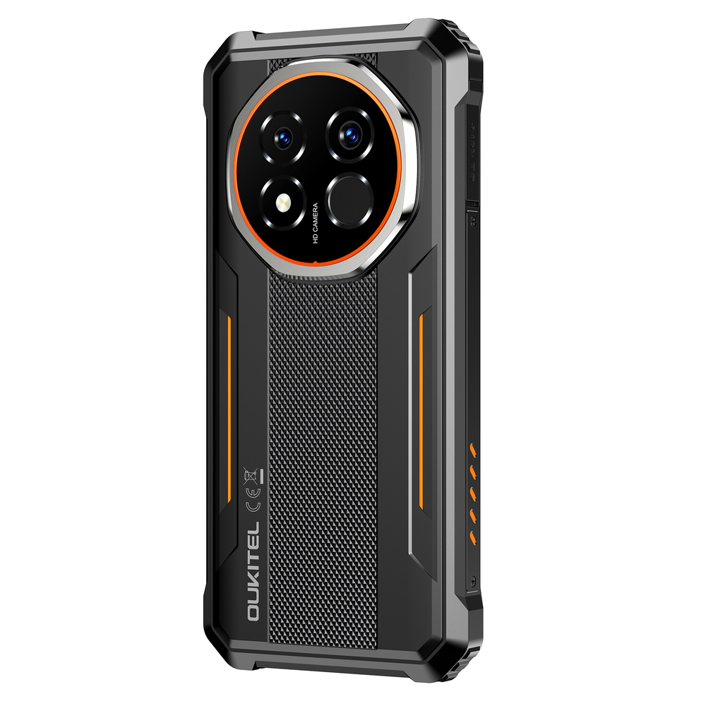Retro di uno smartphone Oukitel nero e resistente con fotocamera circolare e dettagli arancioni.