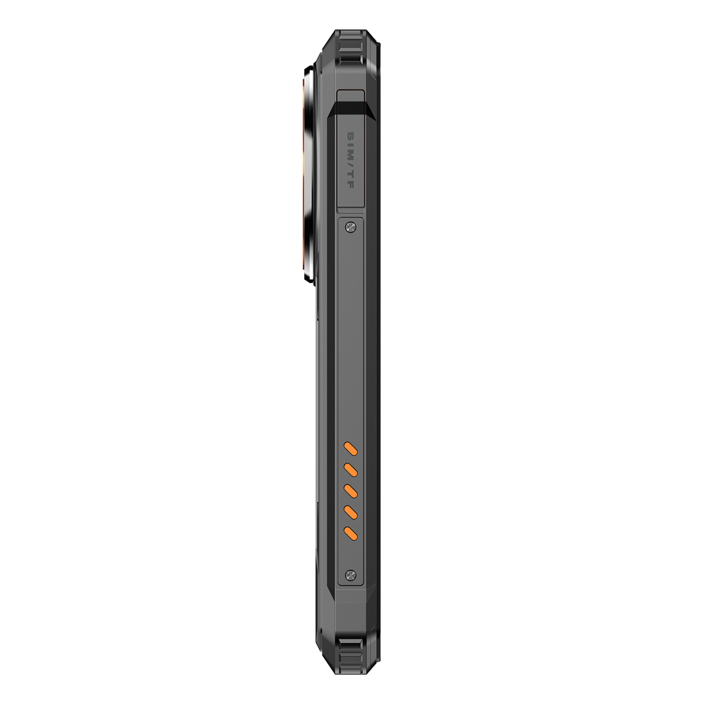 Vista laterale di uno smartphone nero robusto con slot SIM e dettagli arancioni su sfondo bianco.