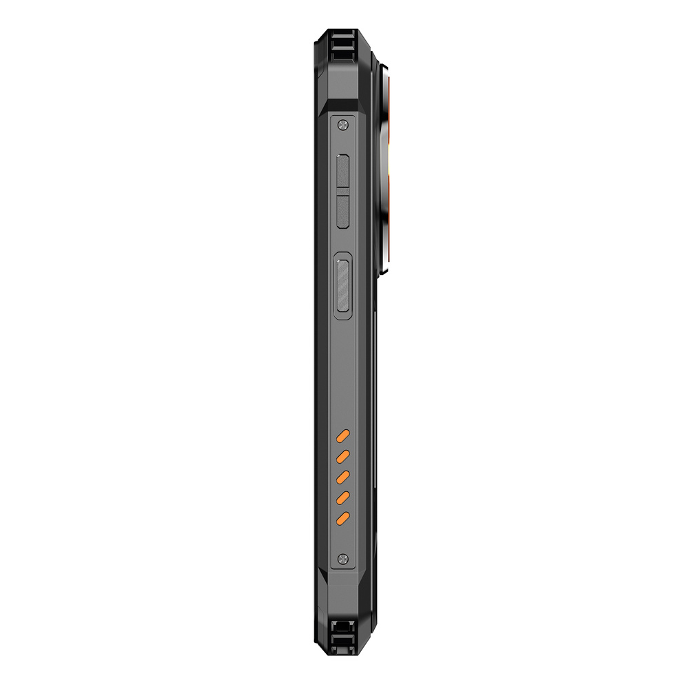 Vista laterale di uno smartphone nero robusto con pulsanti argento e dettagli arancioni.