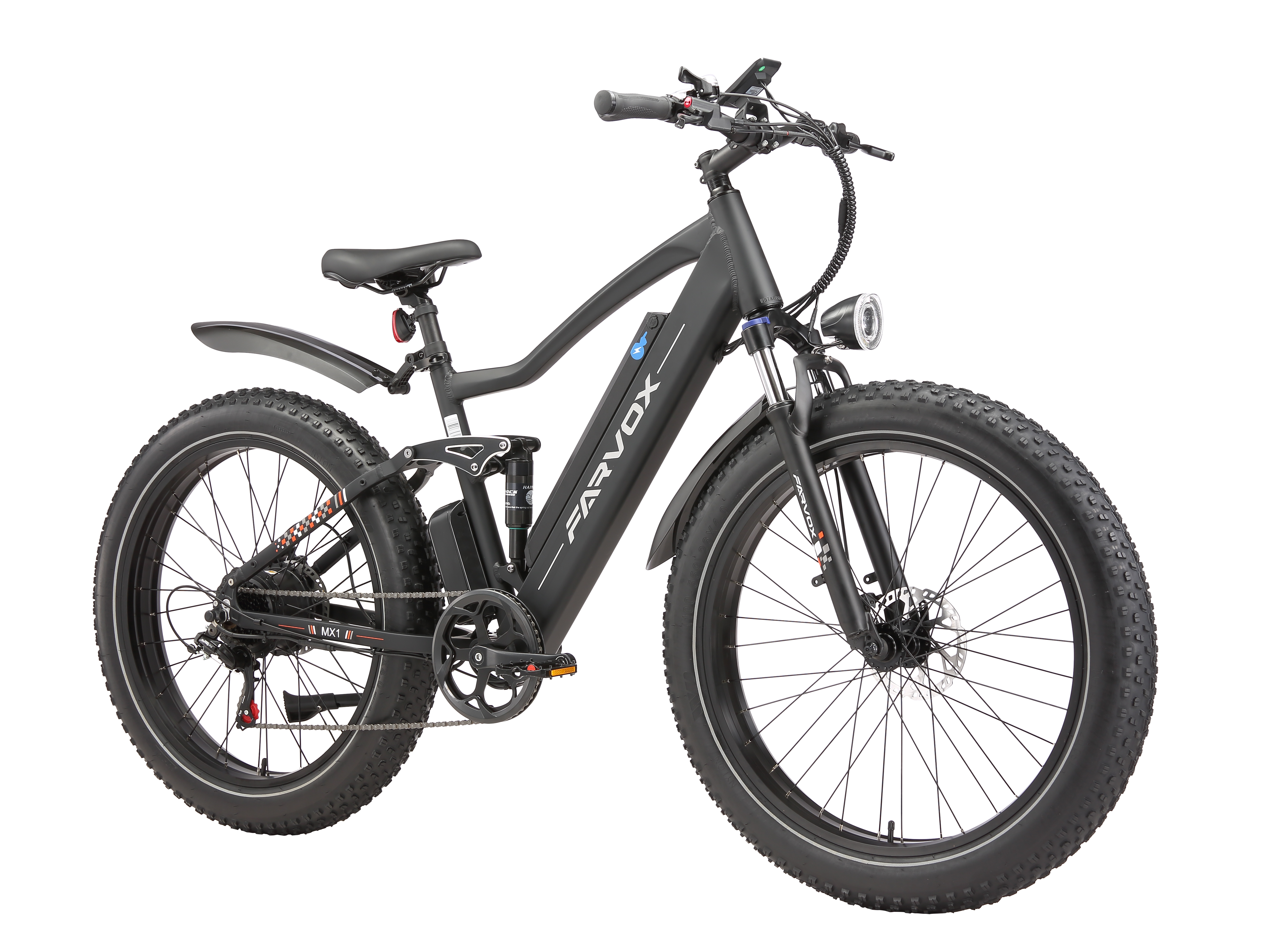 Una bicicletta elettrica nera con pneumatici larghi e il marchio FARVOX sul telaio su sfondo bianco.