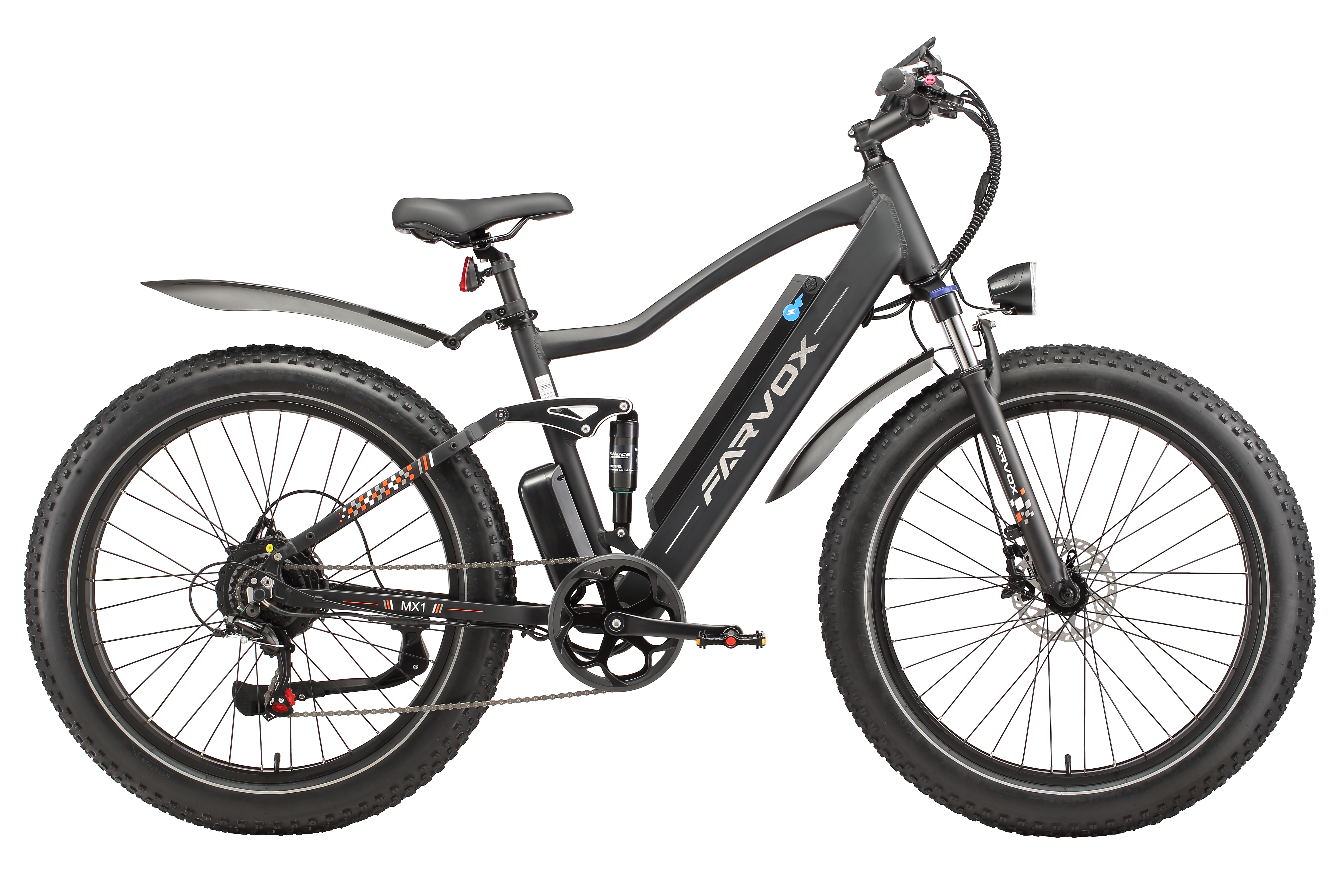 Una mountain bike elettrica Farvox nera con pneumatici larghi e forcella ammortizzata su sfondo bianco.