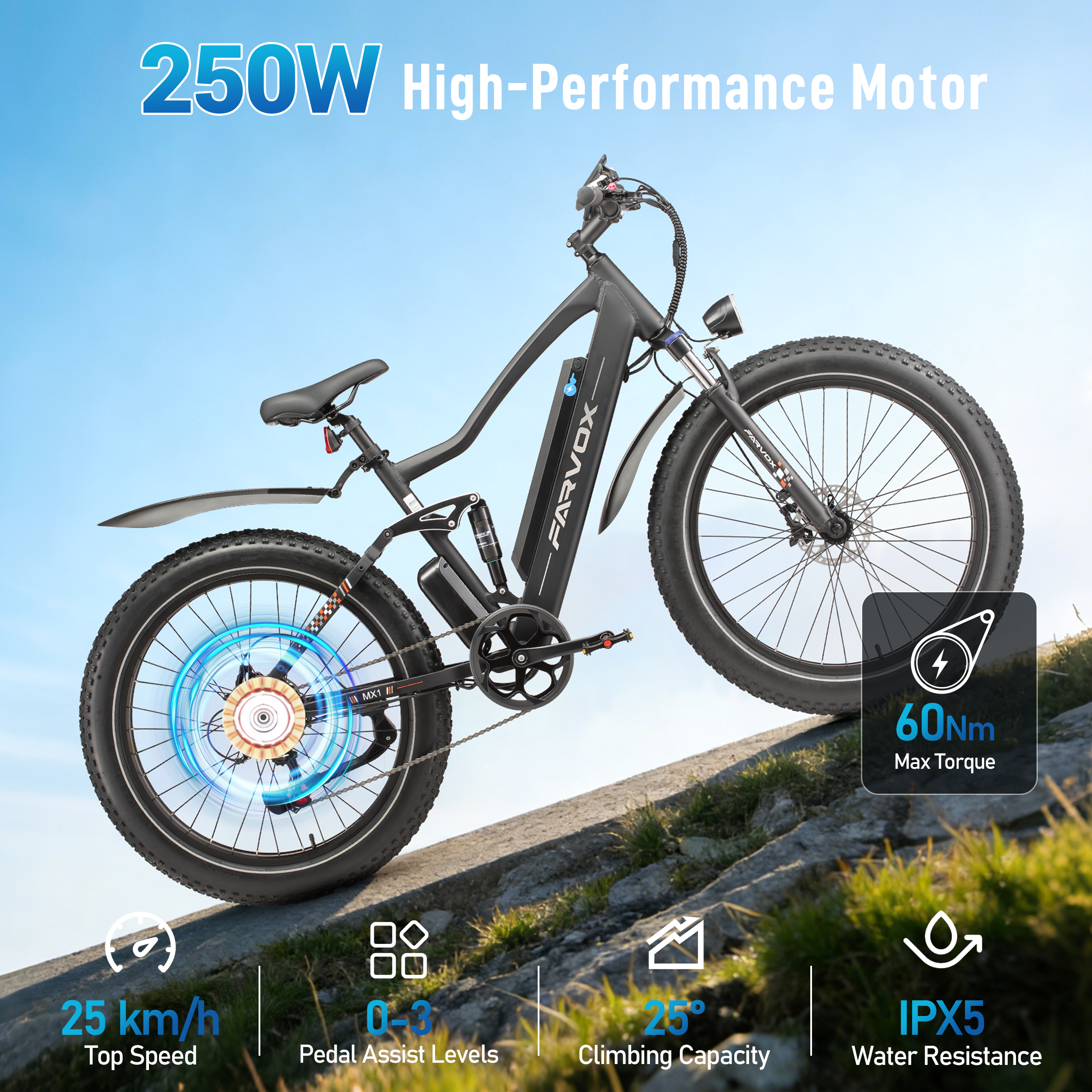 Una bicicletta elettrica nera su sentiero sterrato con cielo azzurro e specifiche tecniche.