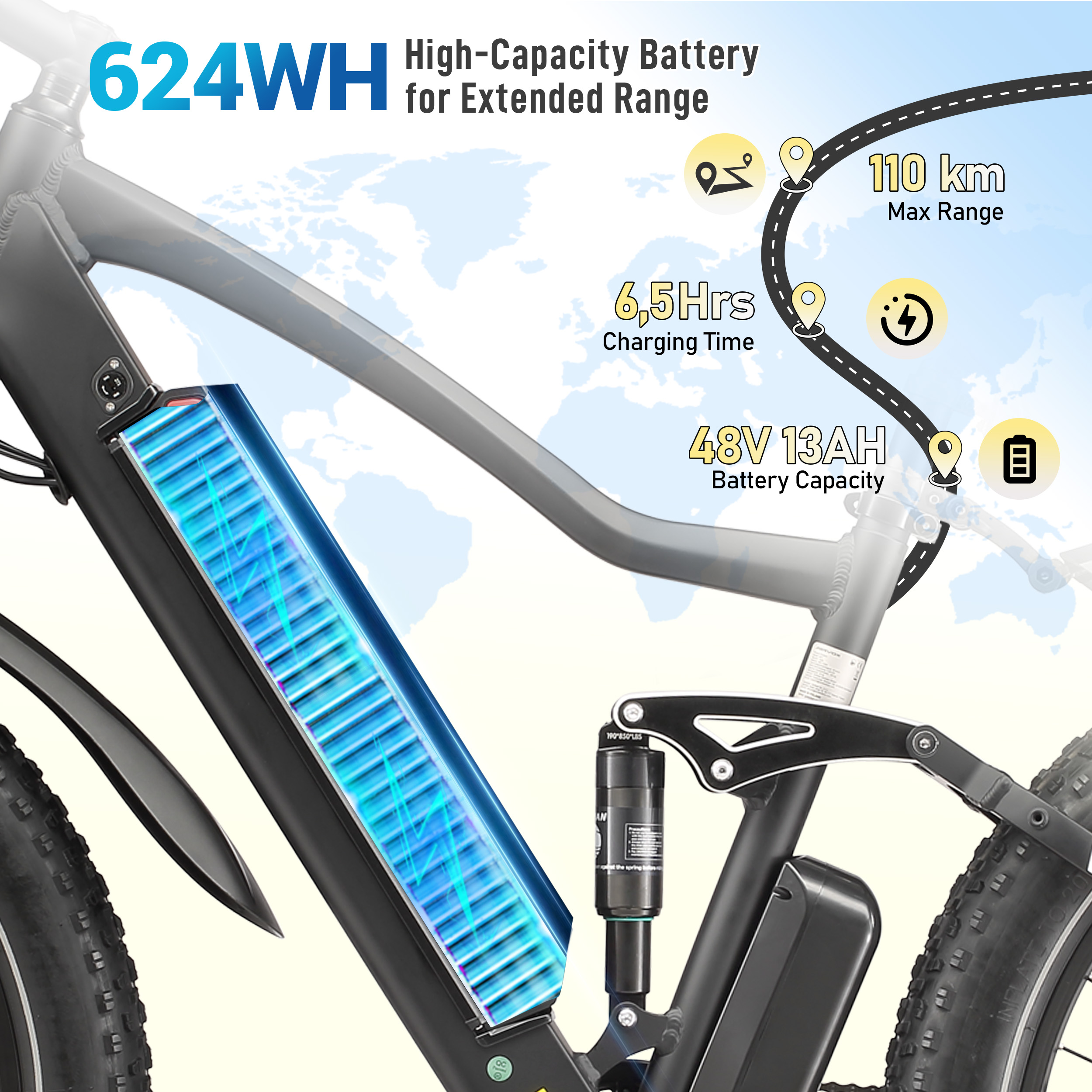 Batteria per bici elettrica da 624Wh, autonomia di 110 km, ricarica in 6,5 ore e 48V 13Ah.