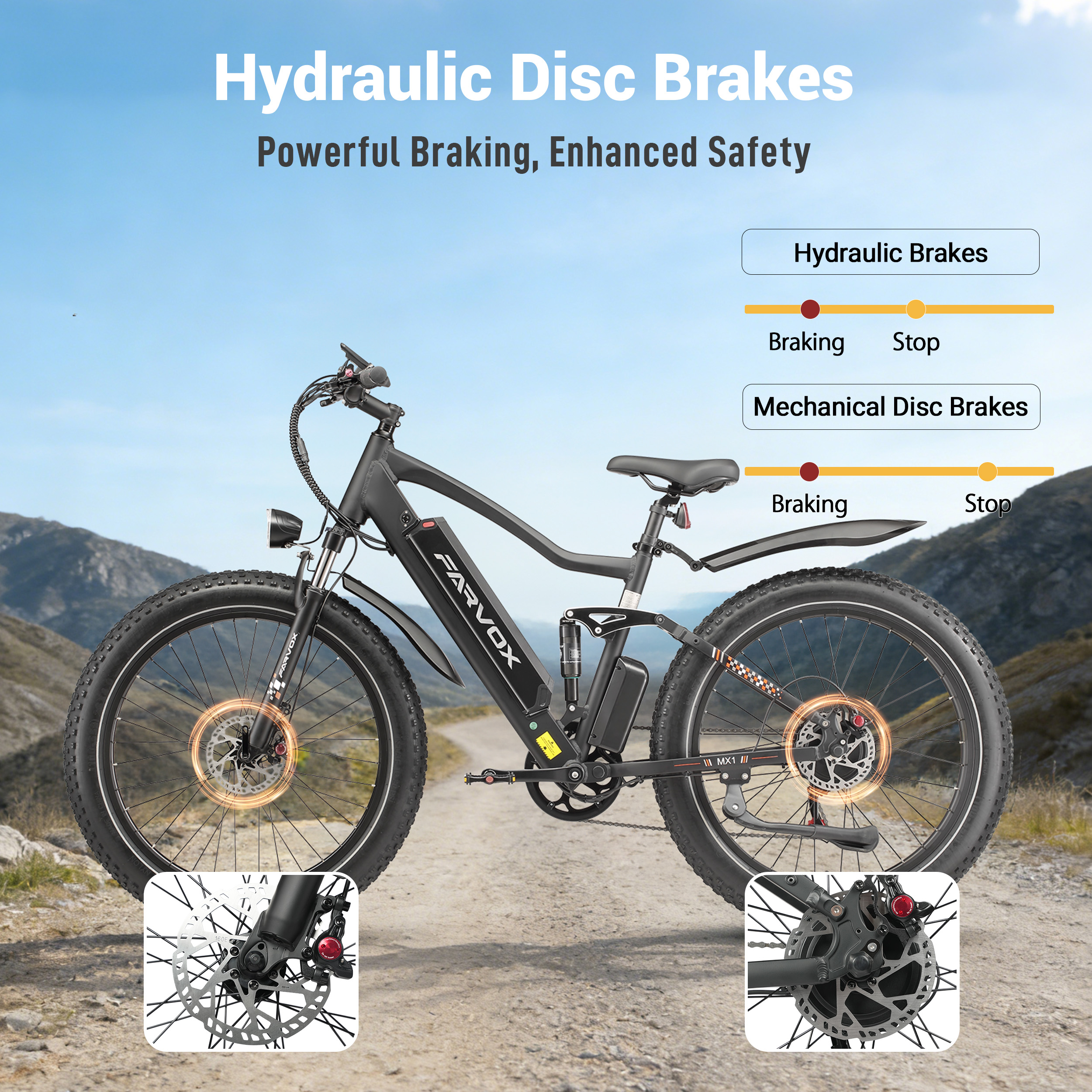 Una e-bike nera su una strada sterrata con grafiche esplicative sui freni a disco idraulici e meccanici.