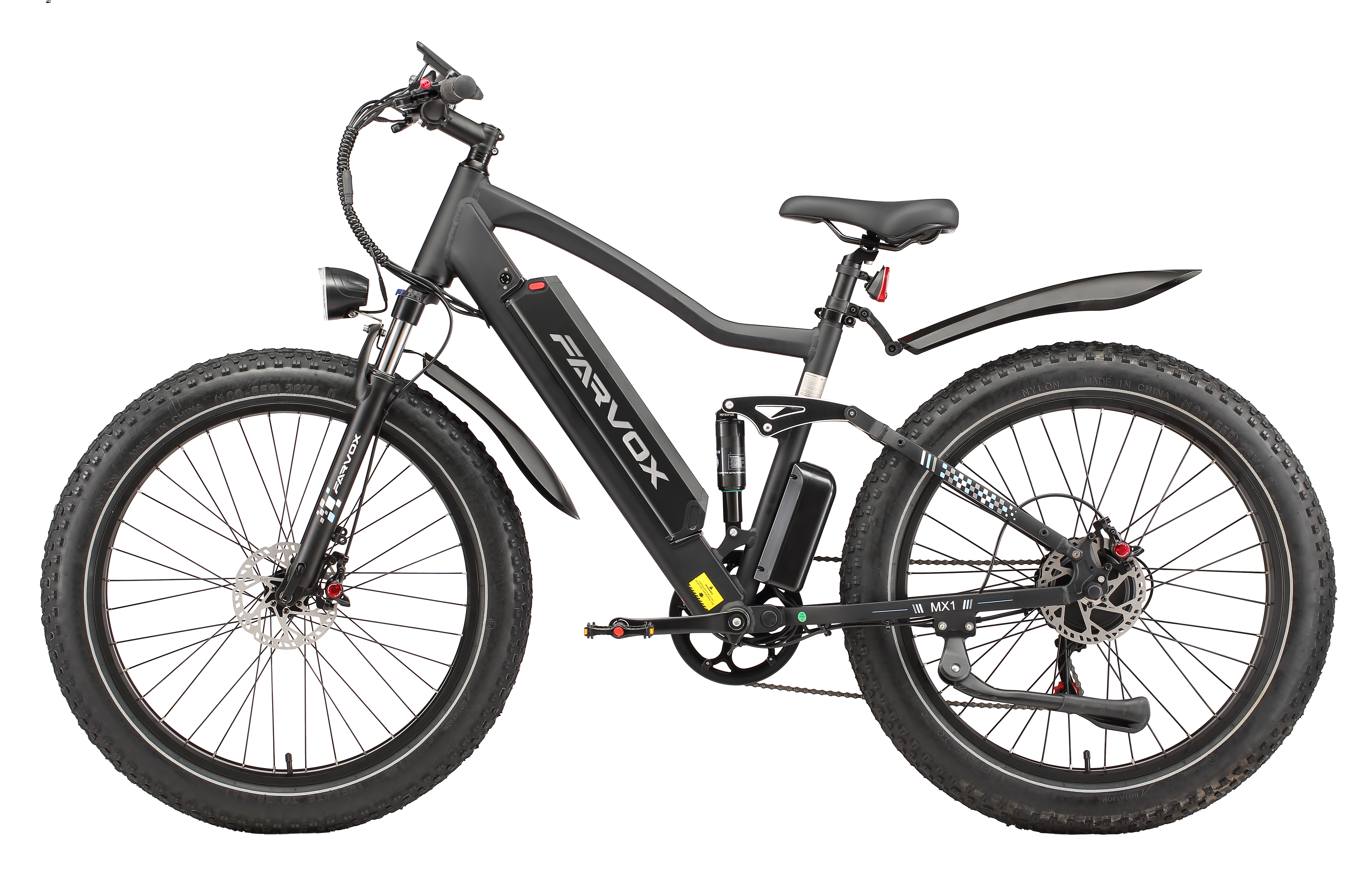 Una mountain bike elettrica Farvov nera con pneumatici larghi, sospensioni e batteria.