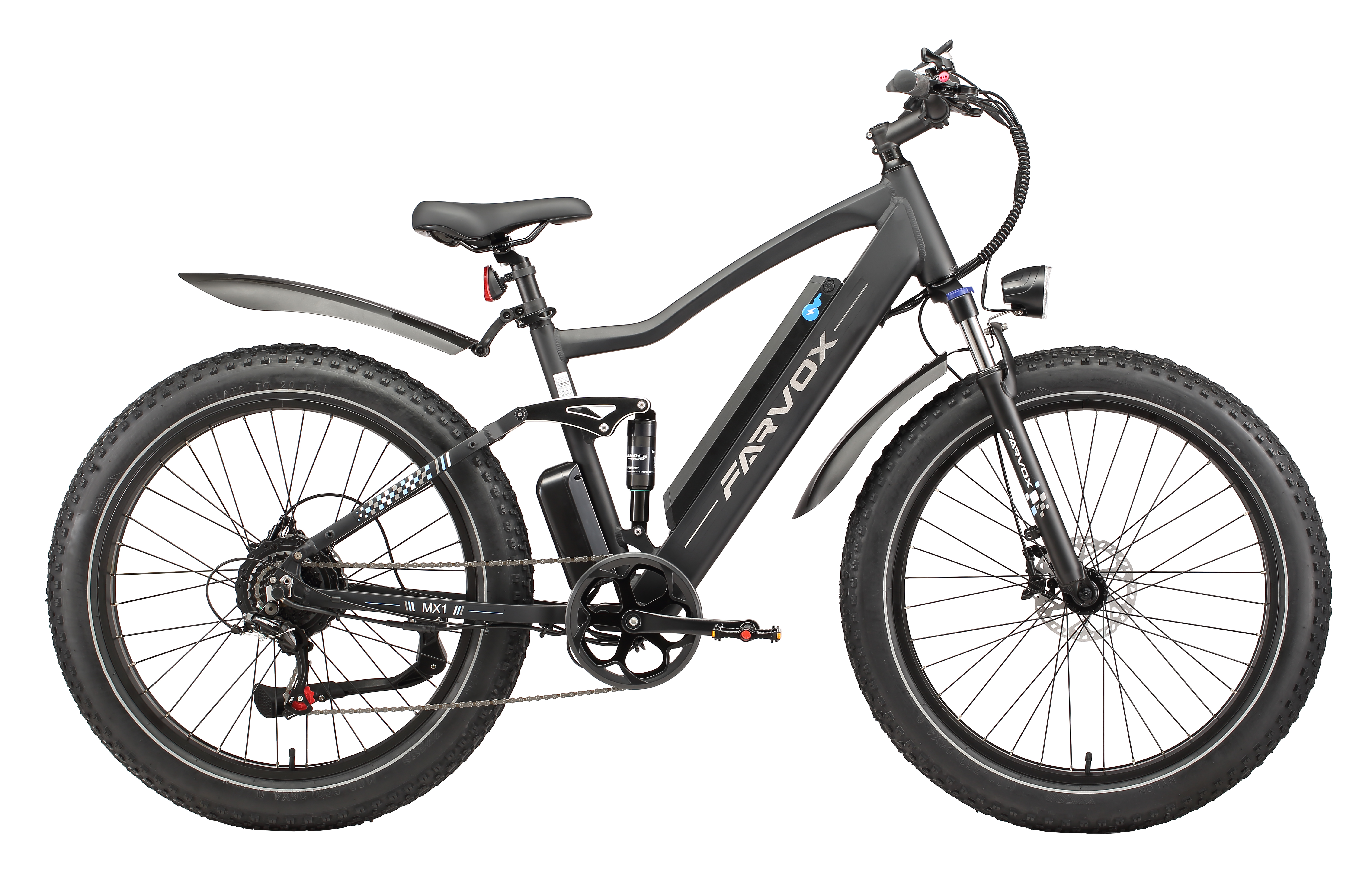Una e-bike Farvox nera opaca con pneumatici larghi, forcella ammortizzata e batteria integrata su fondo bianco.