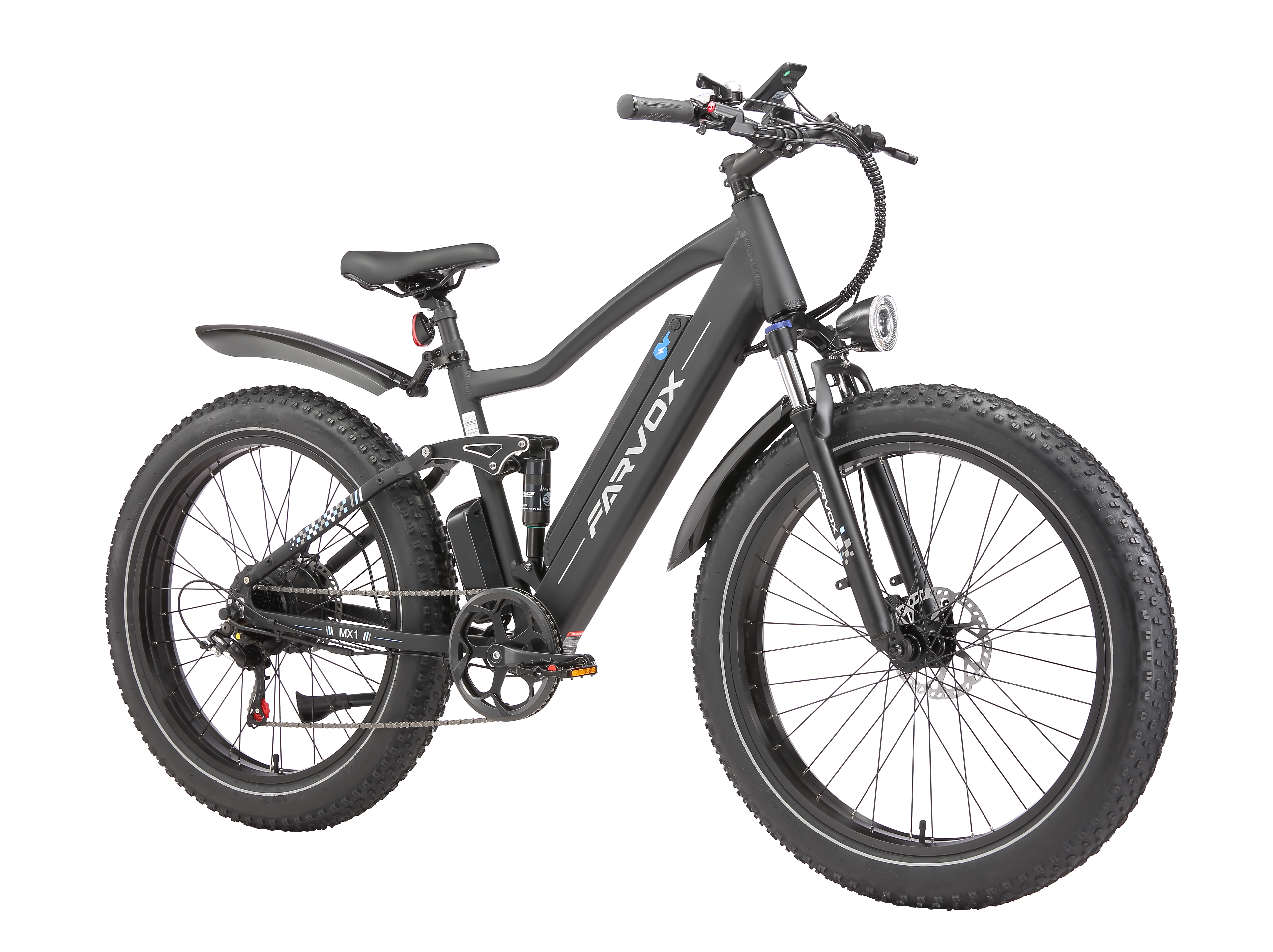 Una mountain bike elettrica FARVOX nera con pneumatici larghi, sospensioni anteriori e posteriori e faro su sfondo bianco.