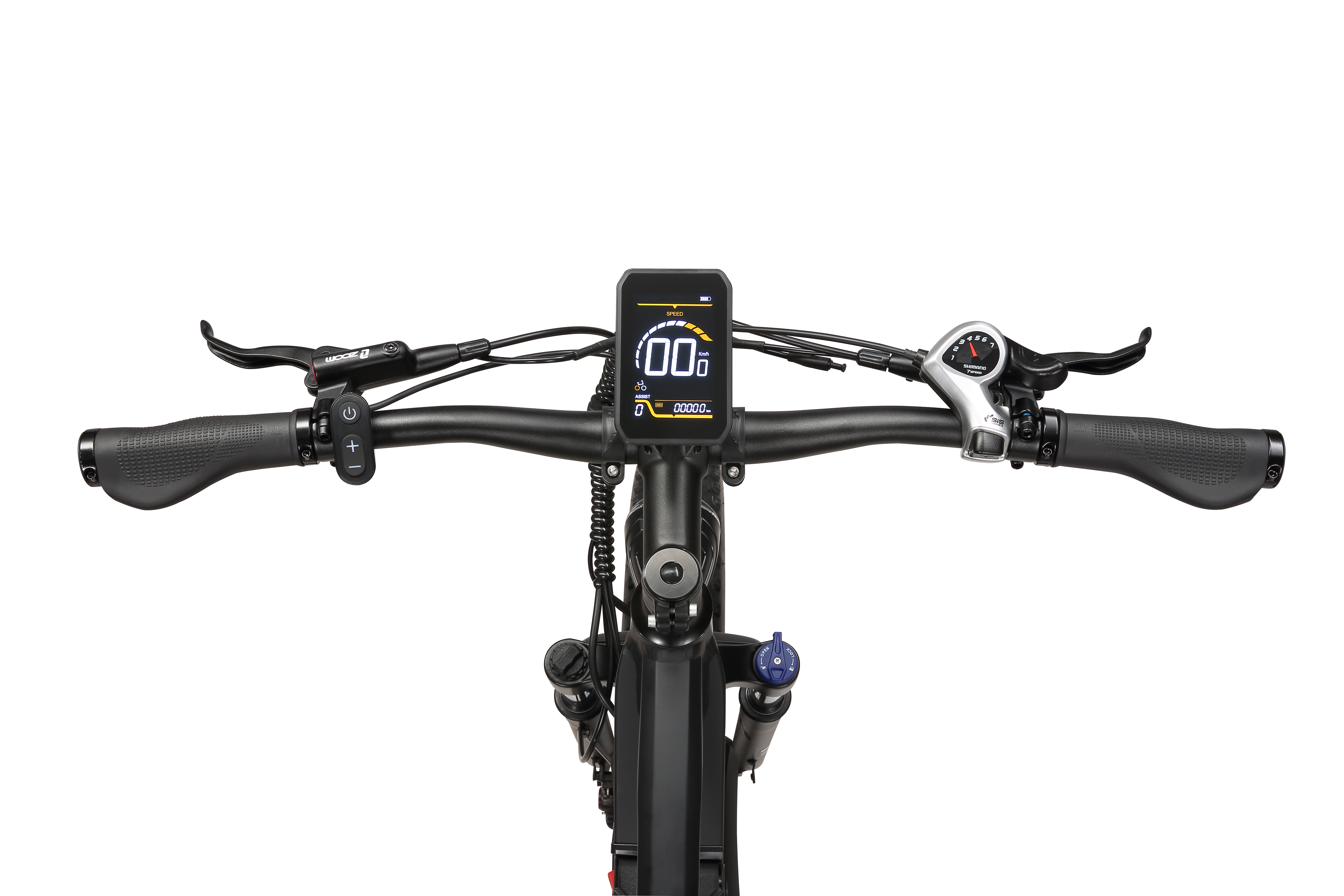 Manubrio di una e-bike con display digitale centrale, leve dei freni e comandi.