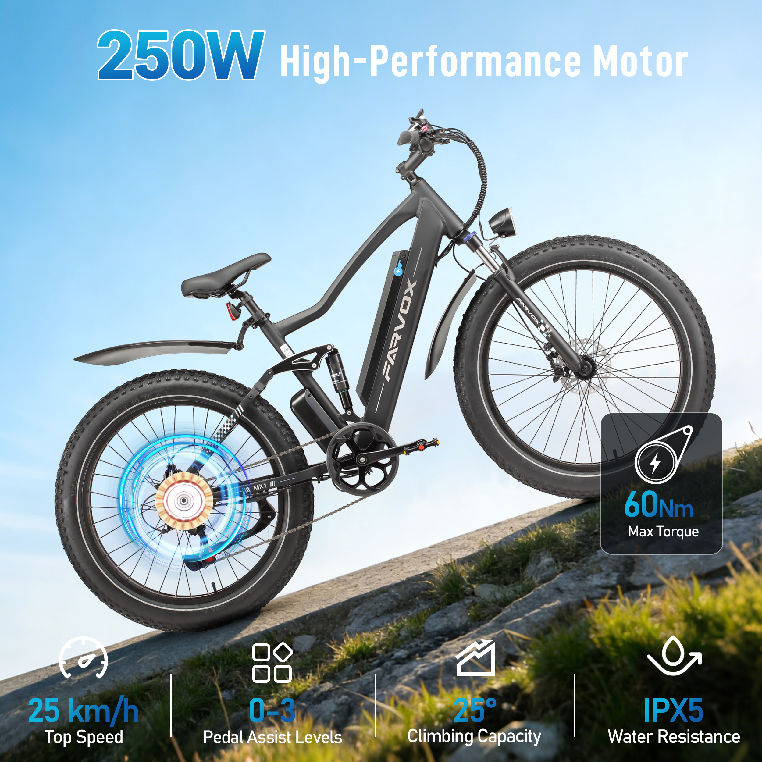 Una bici elettrica nera sale su un pendio con motore da 250W e specifiche su sfondo di cielo azzurro.