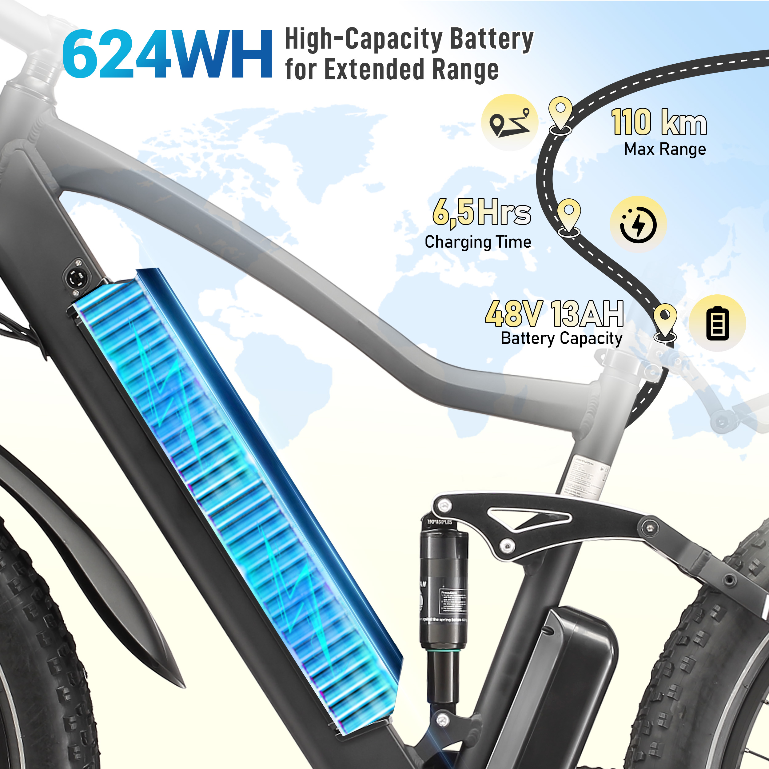 Bici elettrica con batteria blu integrata da 624Wh, 110km di autonomia e 48V 13Ah.
