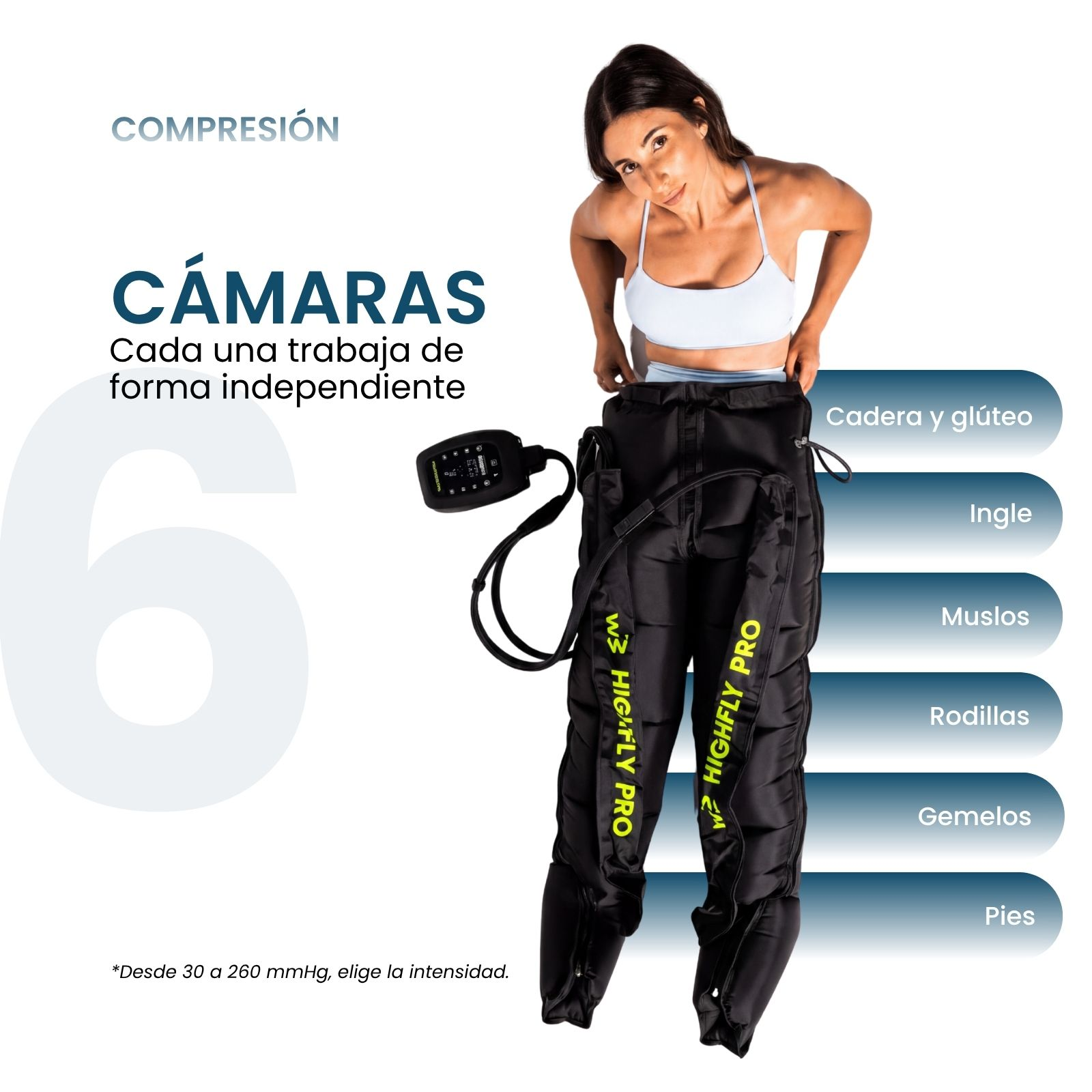 Una mujer viste pantalones de compresión negros conectados a una unidad de control.