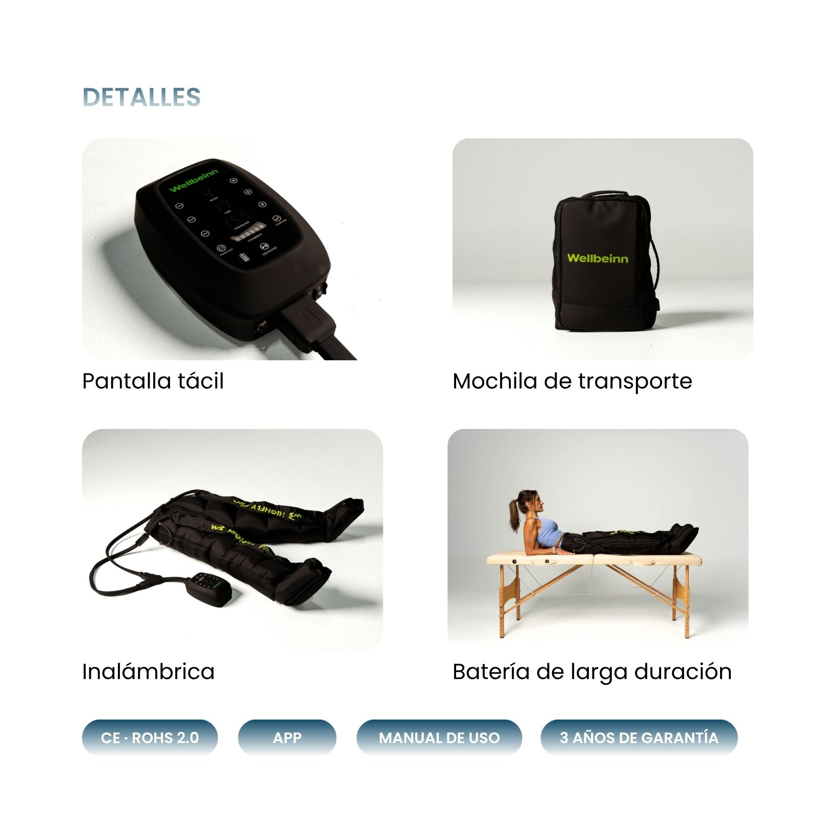 Detalles del producto con pantalla táctil, mochila, botas inalámbricas y usuaria en camilla.