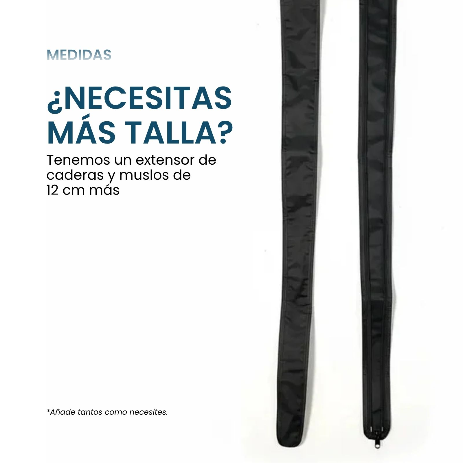 Texto en español anuncia extensor de caderas y muslos con dos tiras negras.