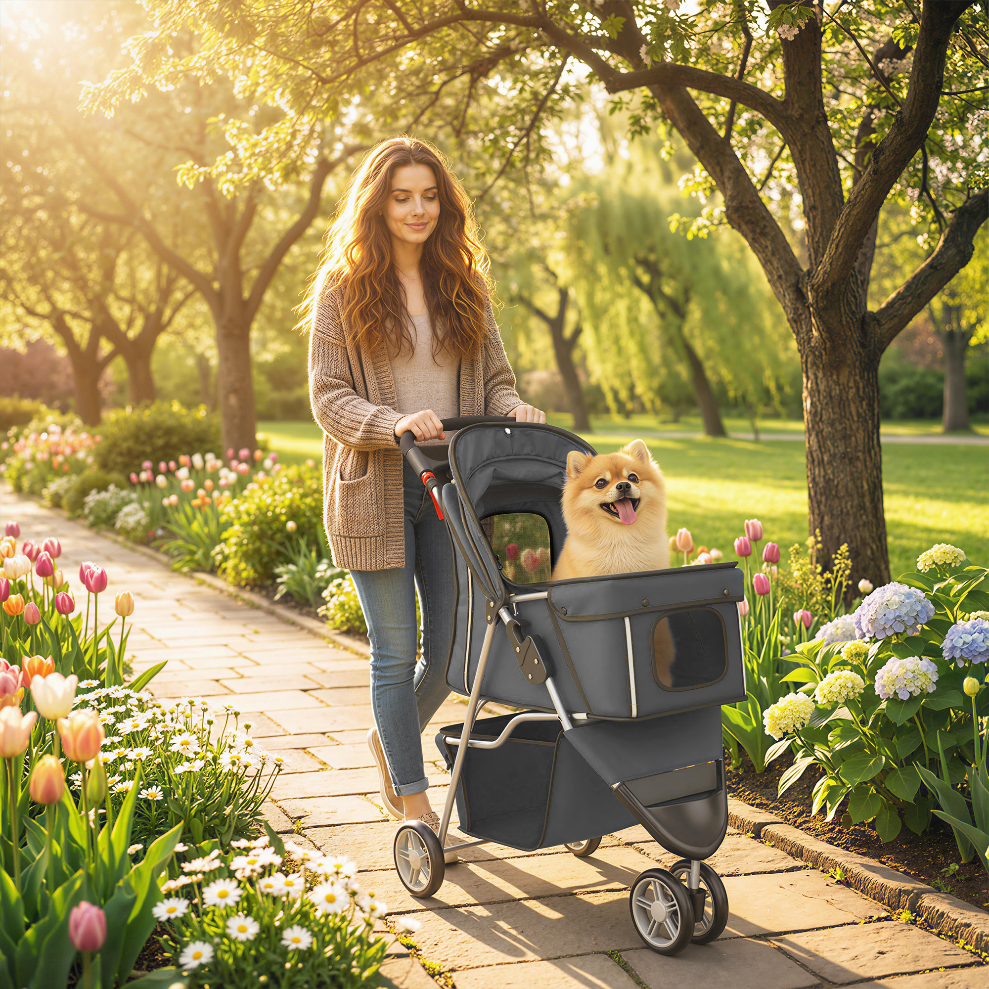Una donna sorridente spinge un passeggino per animali con un piccolo Pomerania in un parco soleggiato e fiorito.
