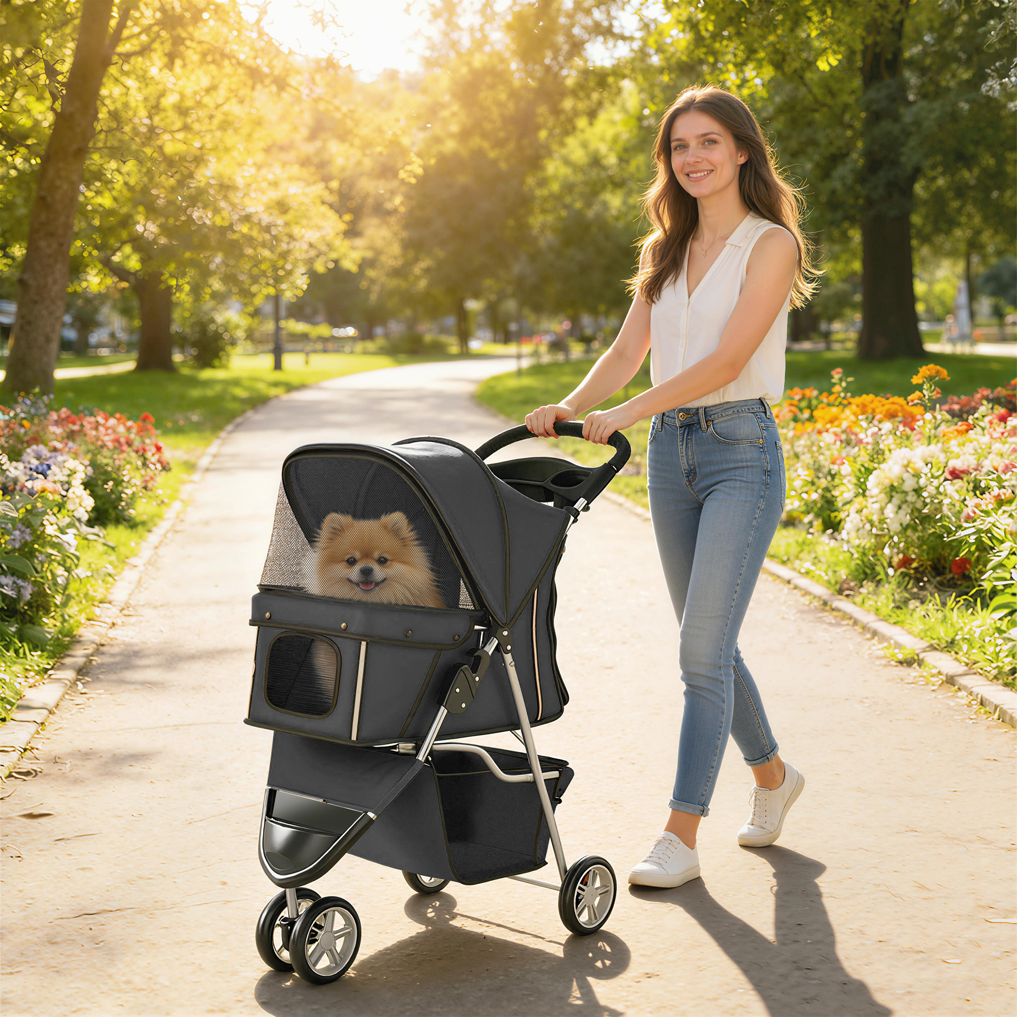 Una donna spinge un cane Pomerania in un passeggino per animali in un parco.