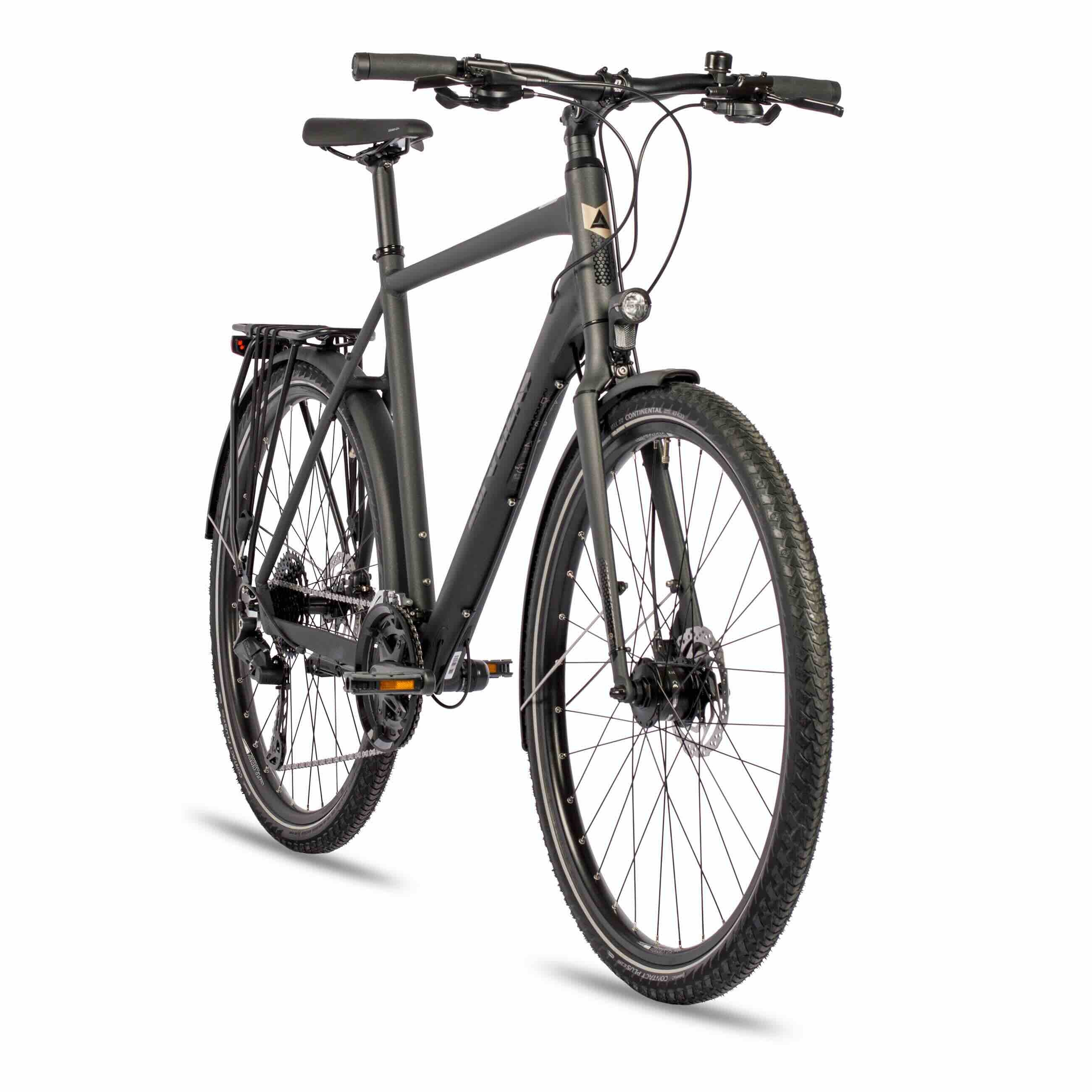 Ein mattgraues City-Fahrrad mit Gepäckträger und Vorderlicht steht auf weißem Grund.