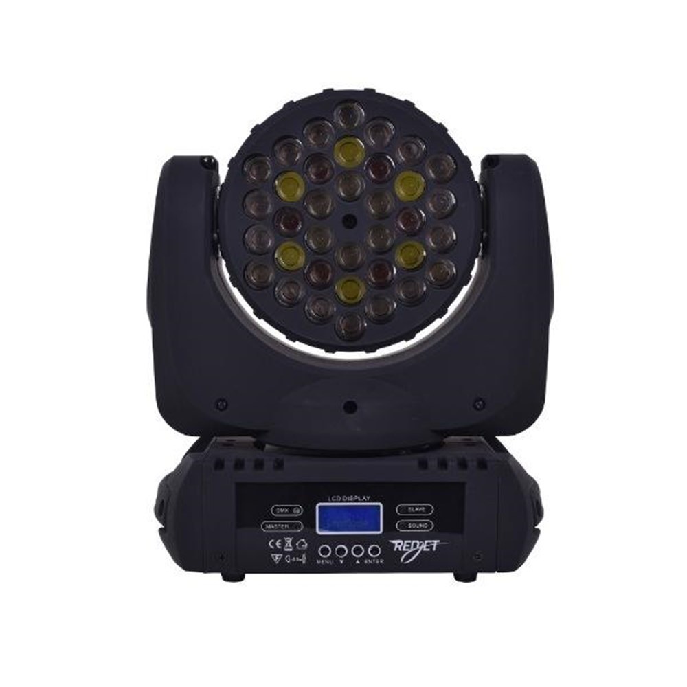 Birden çok LED'e ve mavi LCD ekrana sahip siyah hareketli başlıklı sahne ışığı.