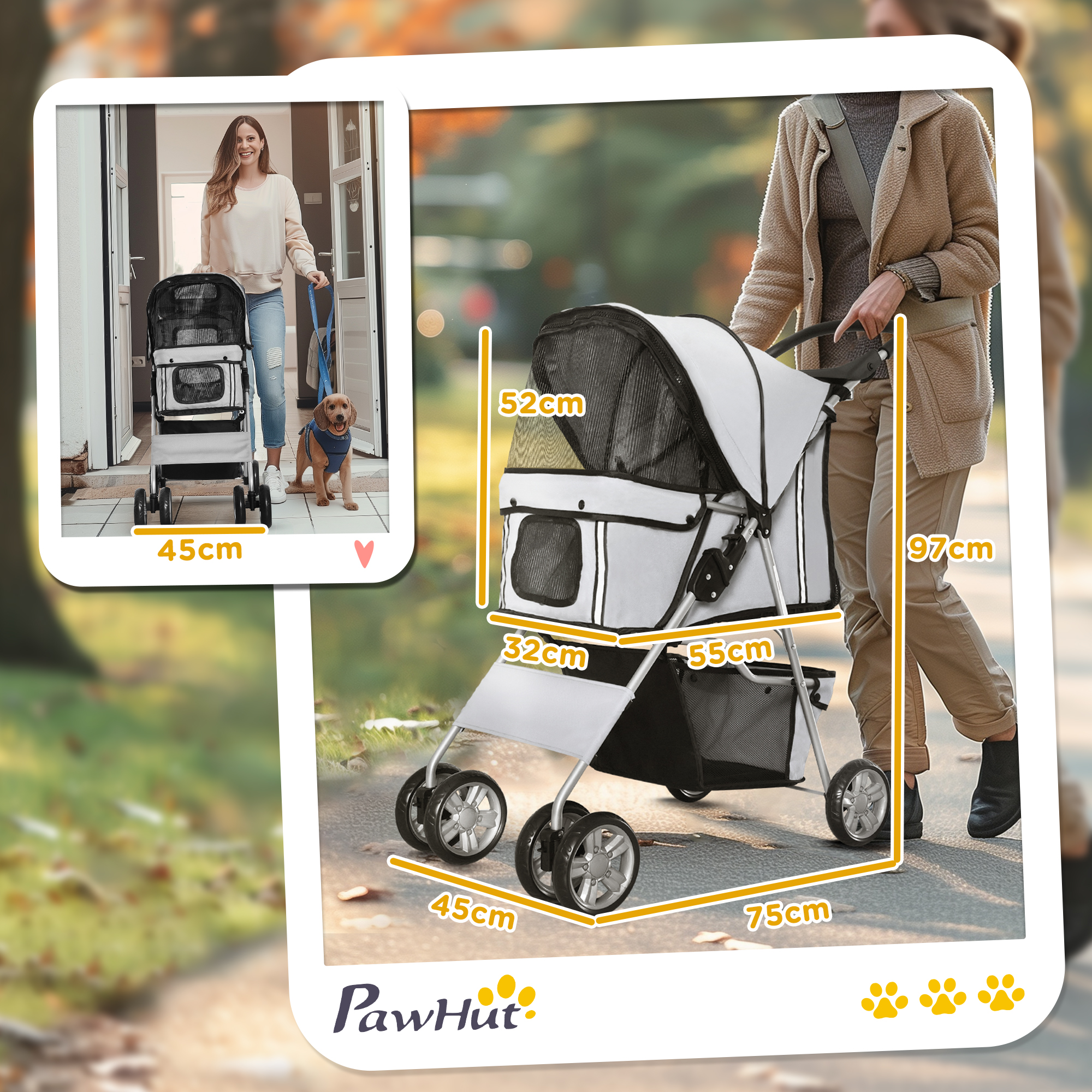 Passeggino grigio per animali con misure in cm, spinto da una donna all'aperto, con immagine di donna e cane.