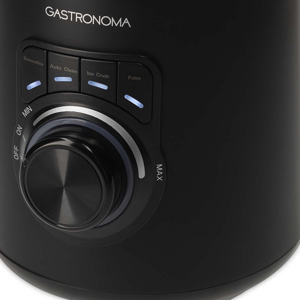 Czarny blender Gastronoma z przyciskami LED, pokrętłem prędkości i logo.