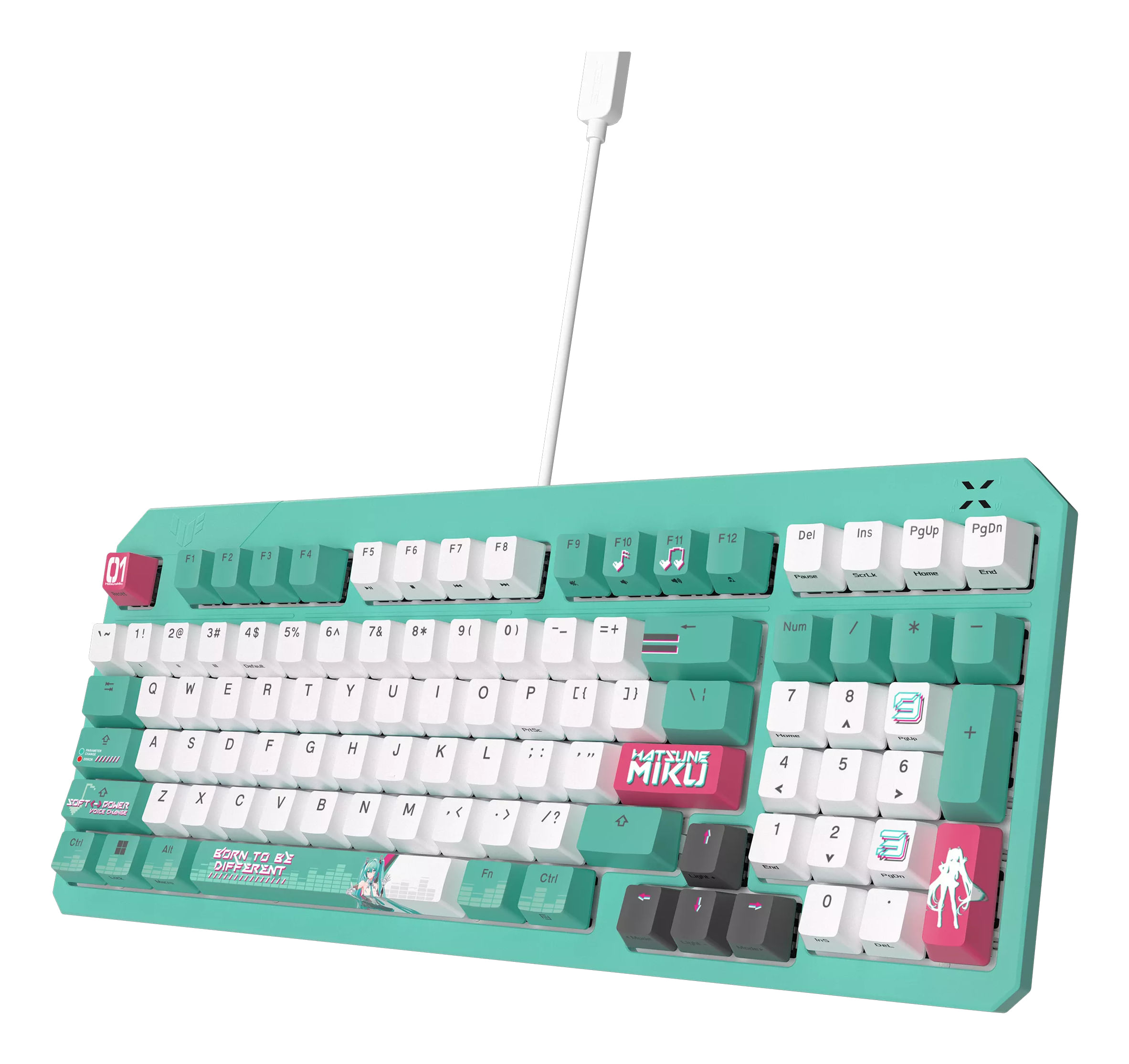 Tastiera Hatsune Miku verde acqua, bianca e rosa con cavo bianco su sfondo bianco.