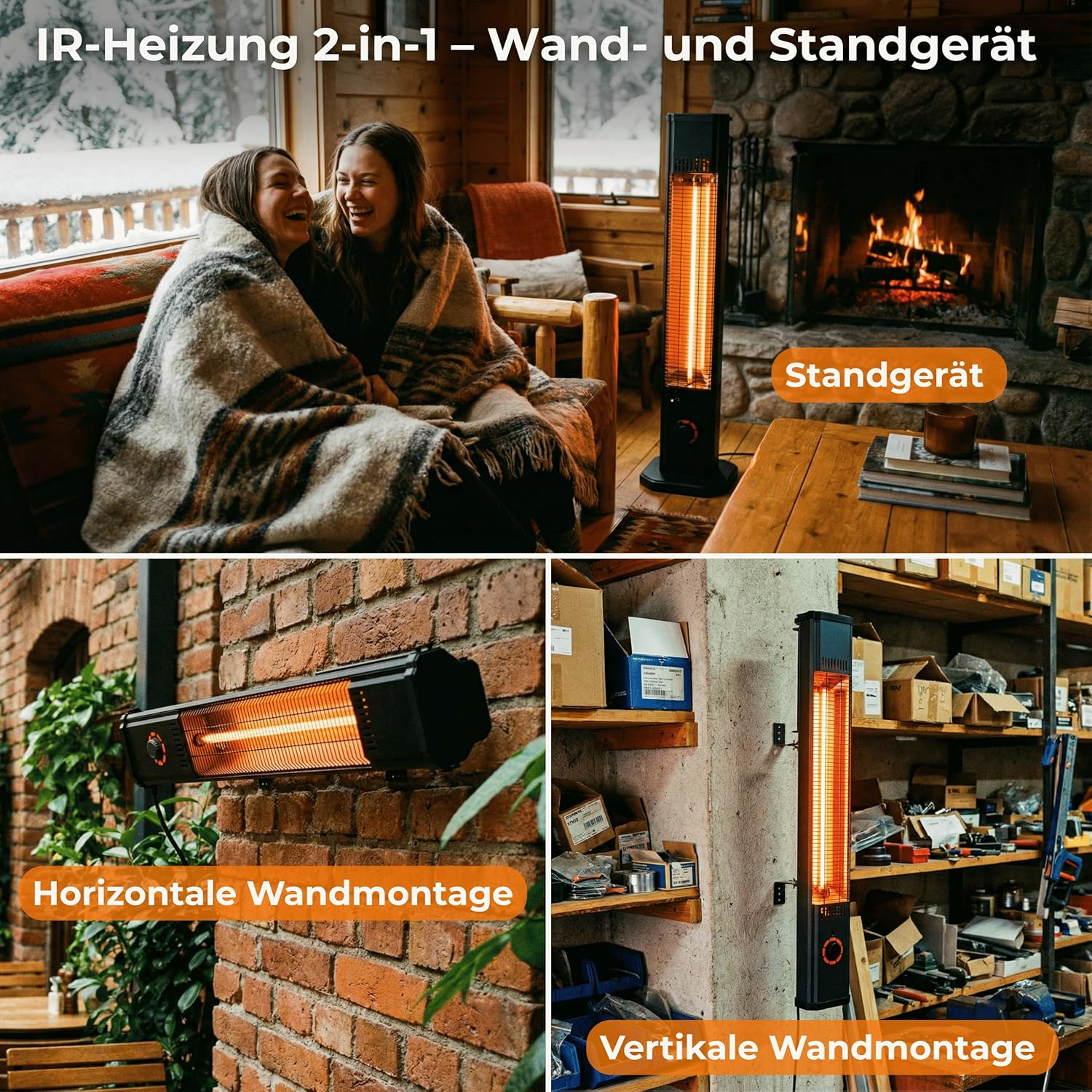 Eine IR-Heizung, gezeigt als Standgerät, horizontale und vertikale Wandmontage in verschiedenen Räumen.