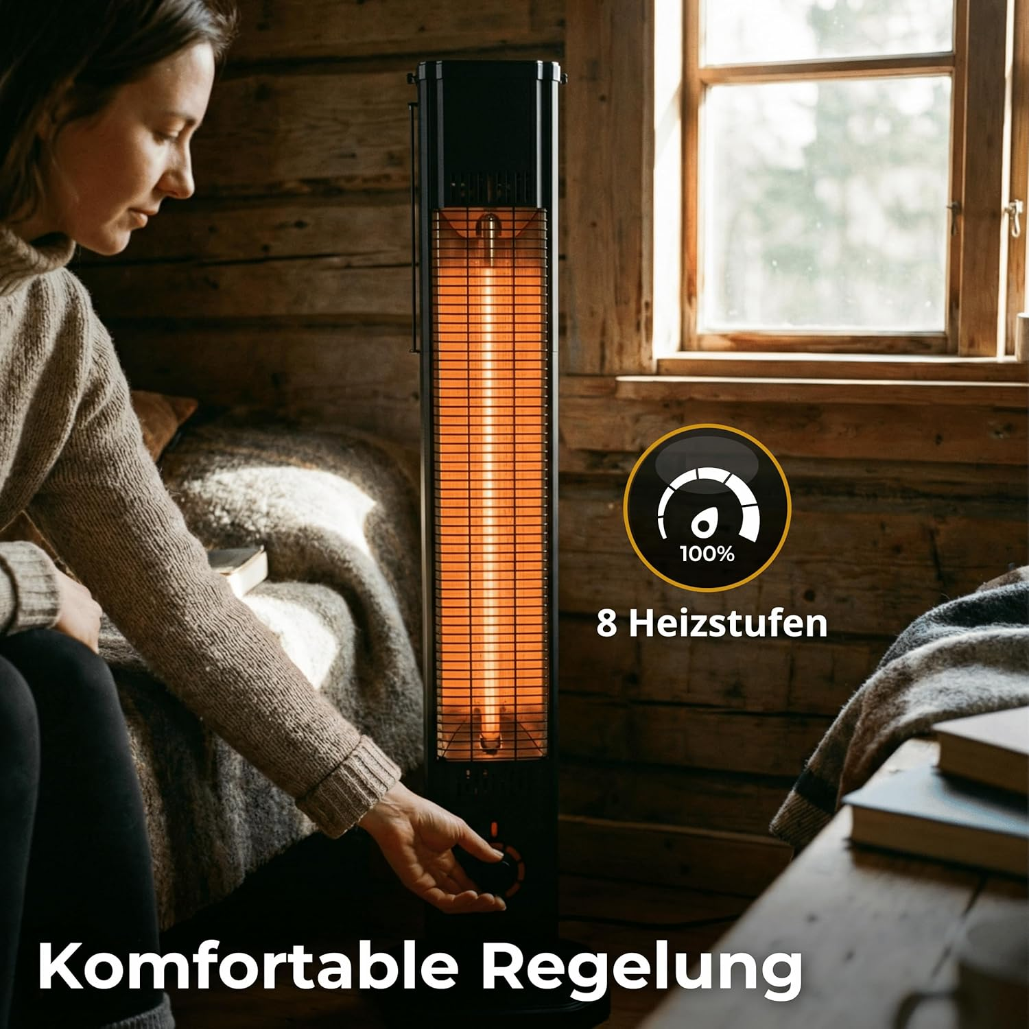 Eine Frau reguliert einen leuchtenden Infrarotstrahler in einem Holzzimmer.