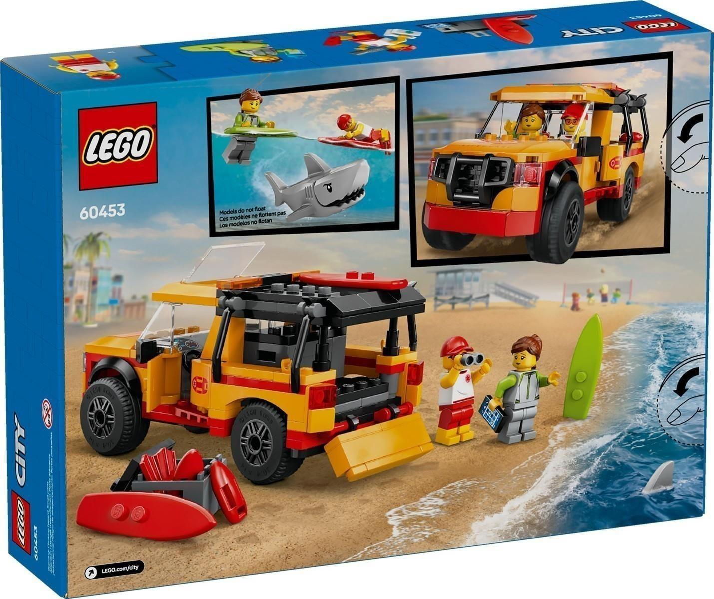 LEGO City Strand-Rettungsset 60453 mit Auto, Figuren, Surfbrett und einem Hai am Strand.