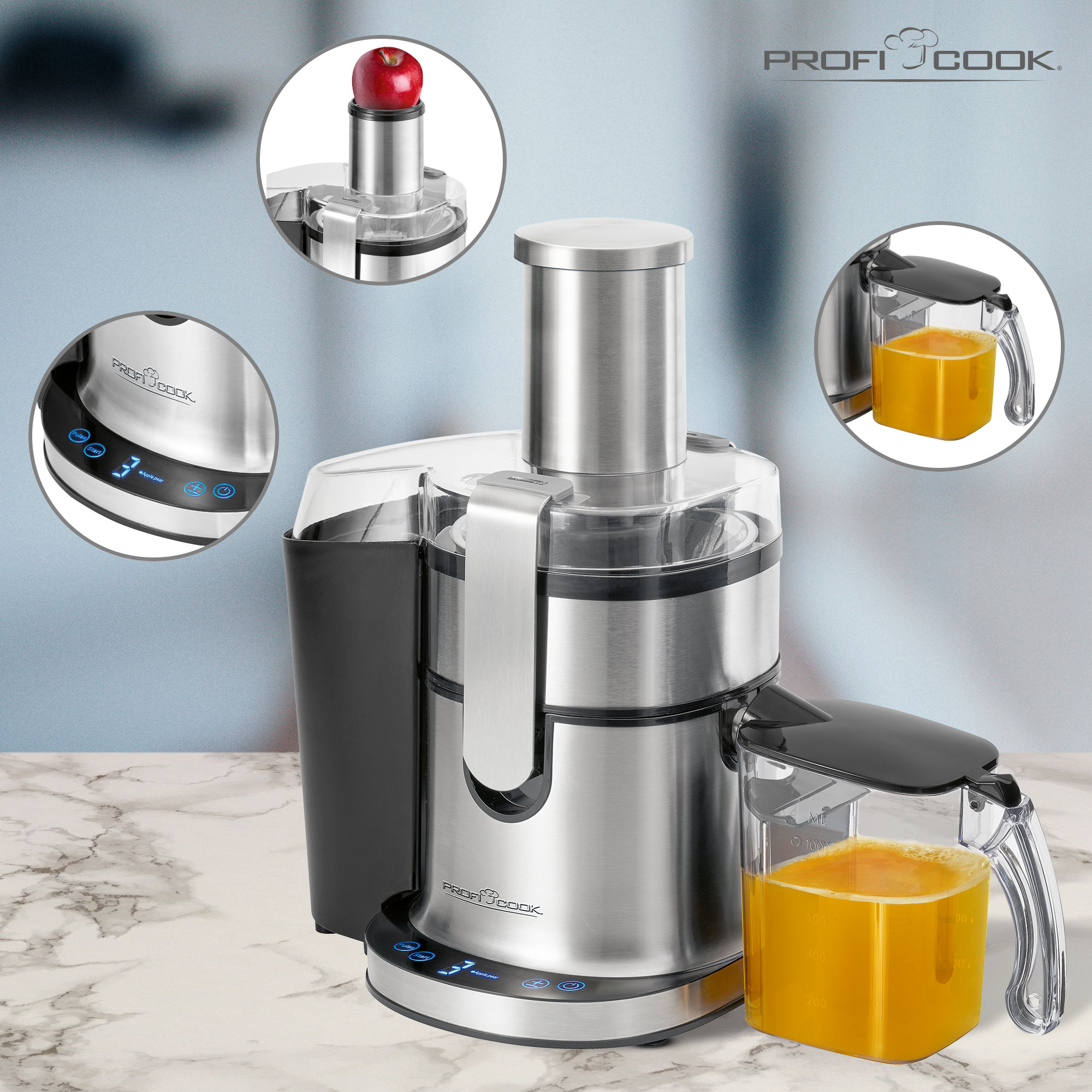 Centrifuga argentata ProfiCook su ripiano in marmo con caraffa piena e dettagli.
