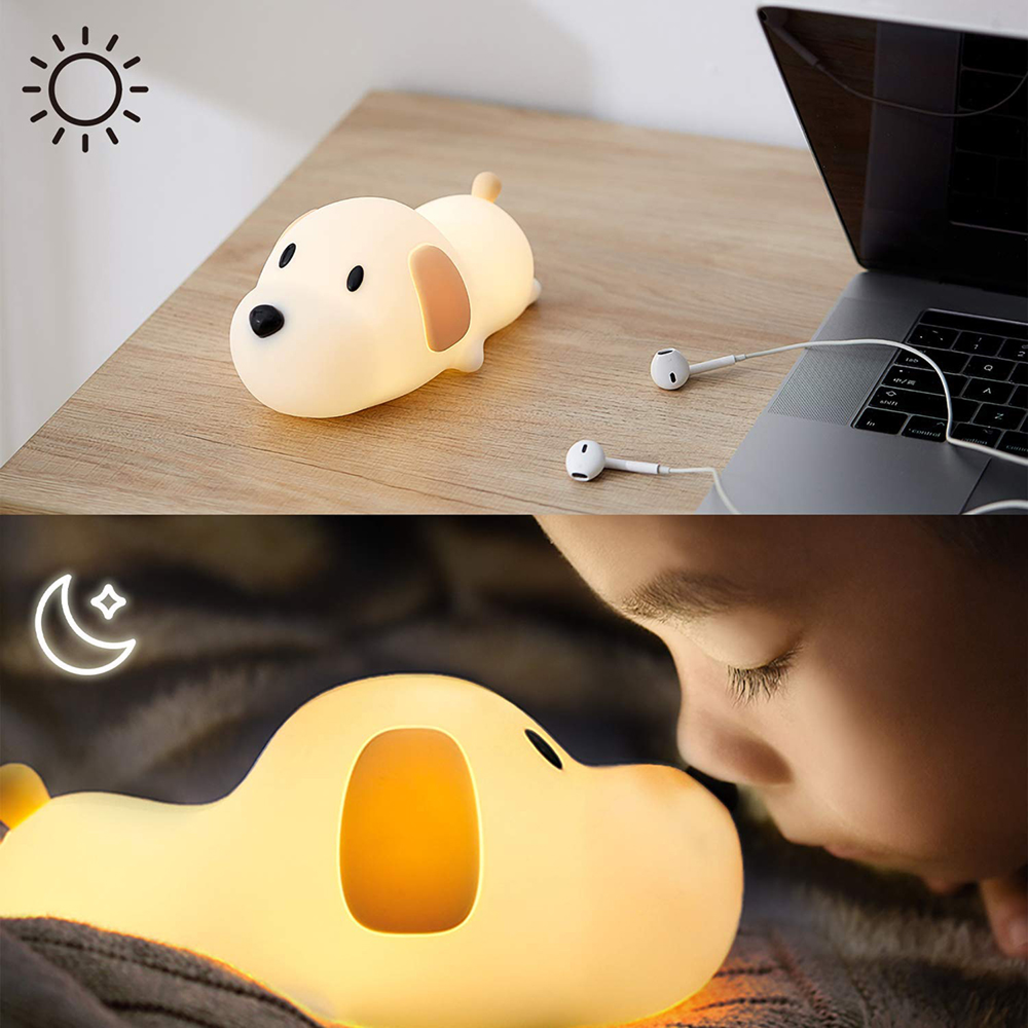Eine süße, leuchtende Hundenachtlampe auf einem Holztisch neben einem Laptop; unten leuchtet sie nachts neben einem Kind.