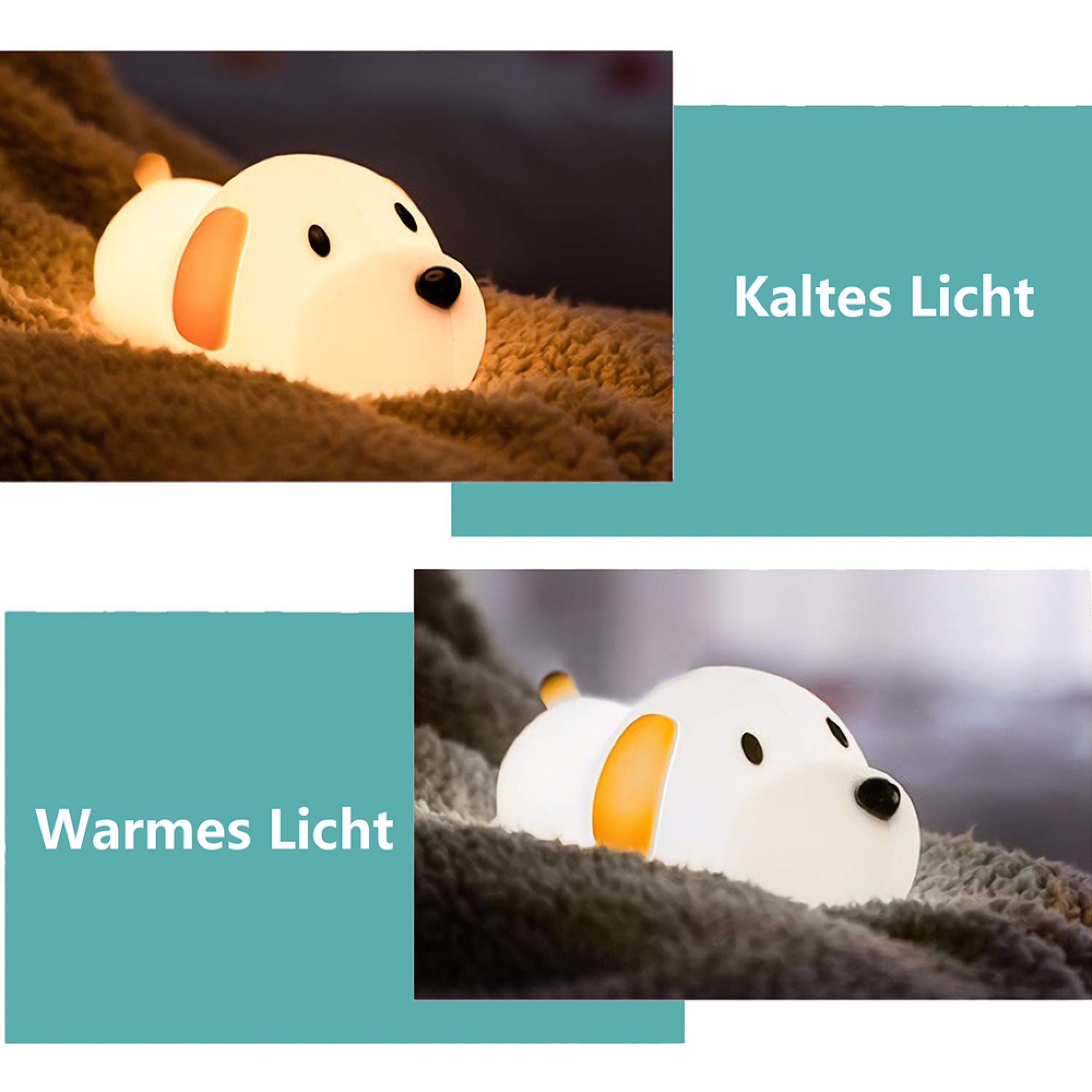 Ein leuchtendes Hund-Nachtlicht liegt auf einer Decke mit zwei Lichtmodi: kaltes und warmes Licht.