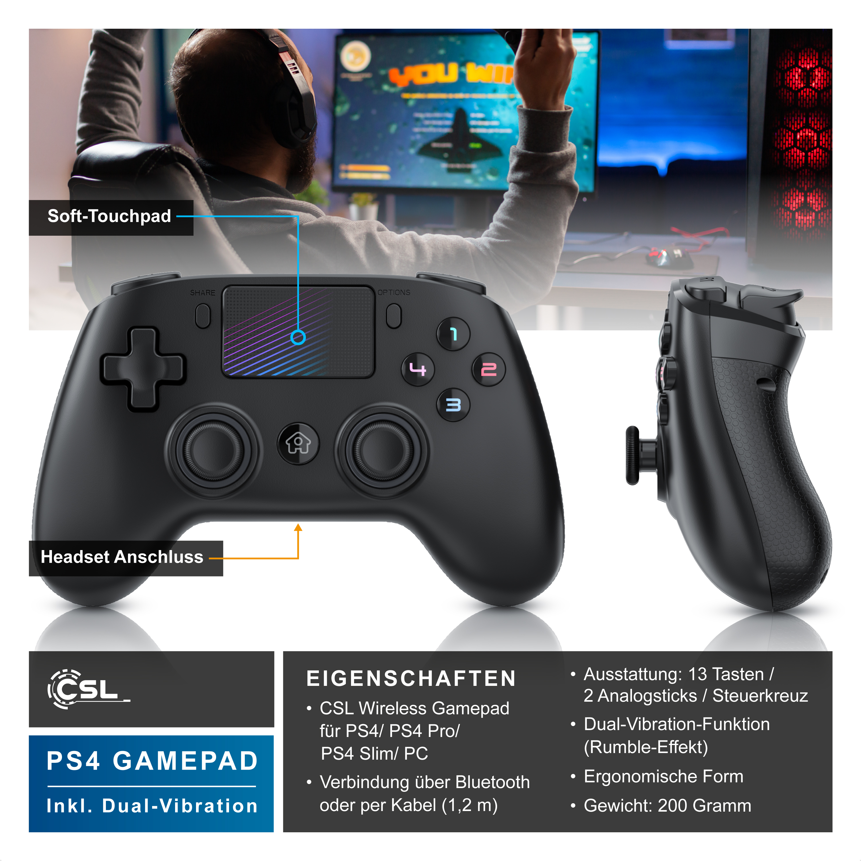 Schwarzer CSL Wireless Gamepad für PS4 und PC, mit Soft-Touchpad, Tastenbezeichnungen und technischen Merkmalen.