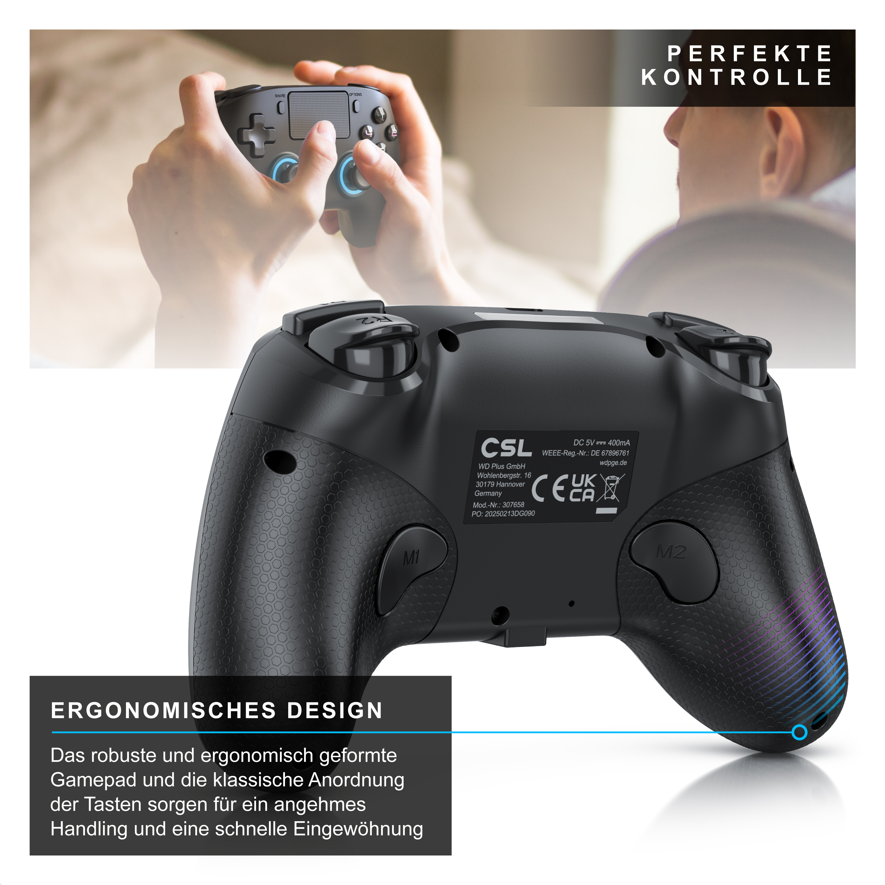 Rückseite eines schwarzen CSL-Gamepads mit strukturierten Griffen, oben ein Spieler mit Controller.