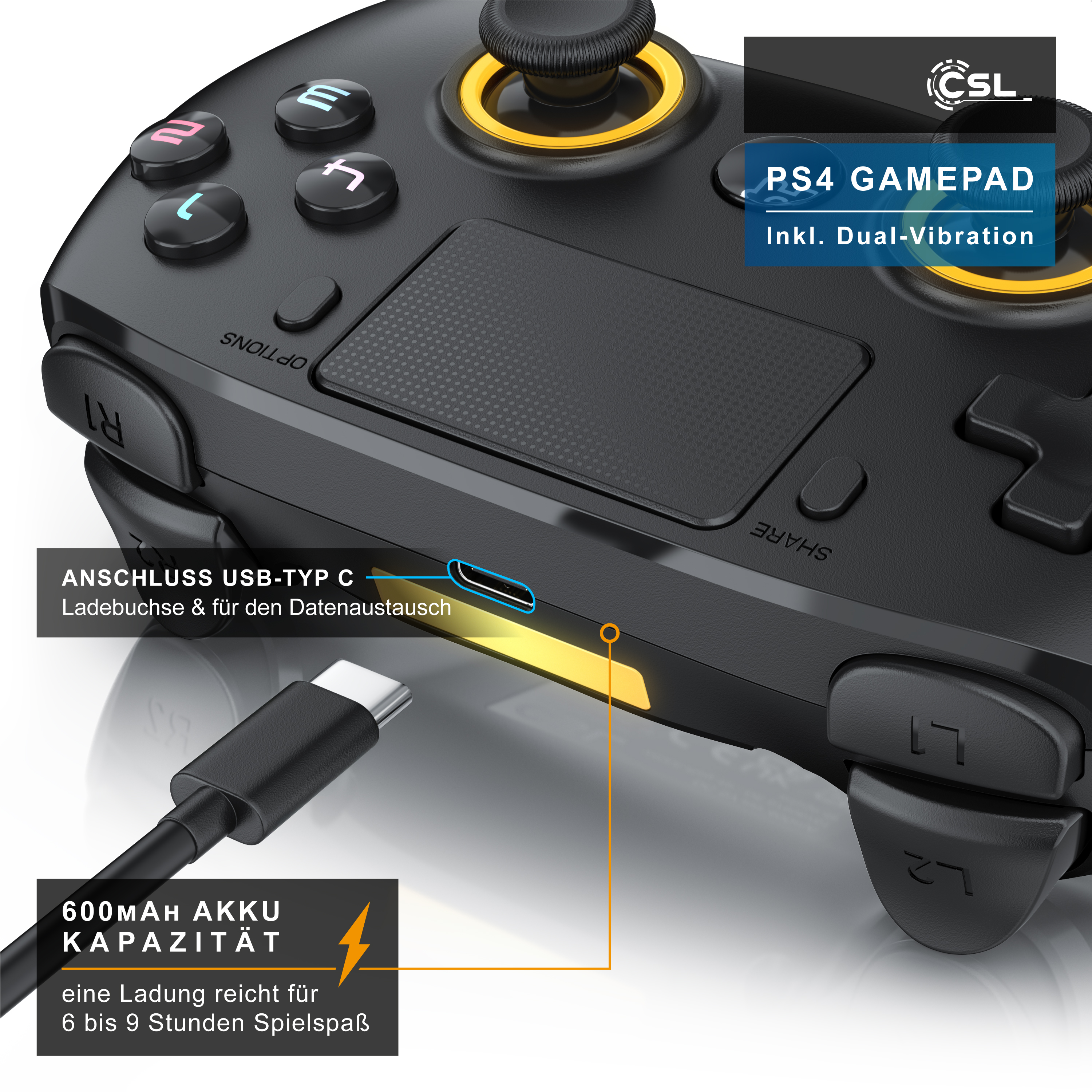 Schwarzer CSL PS4-Gamepad mit USB-C-Anschluss und 600mAh Akku.