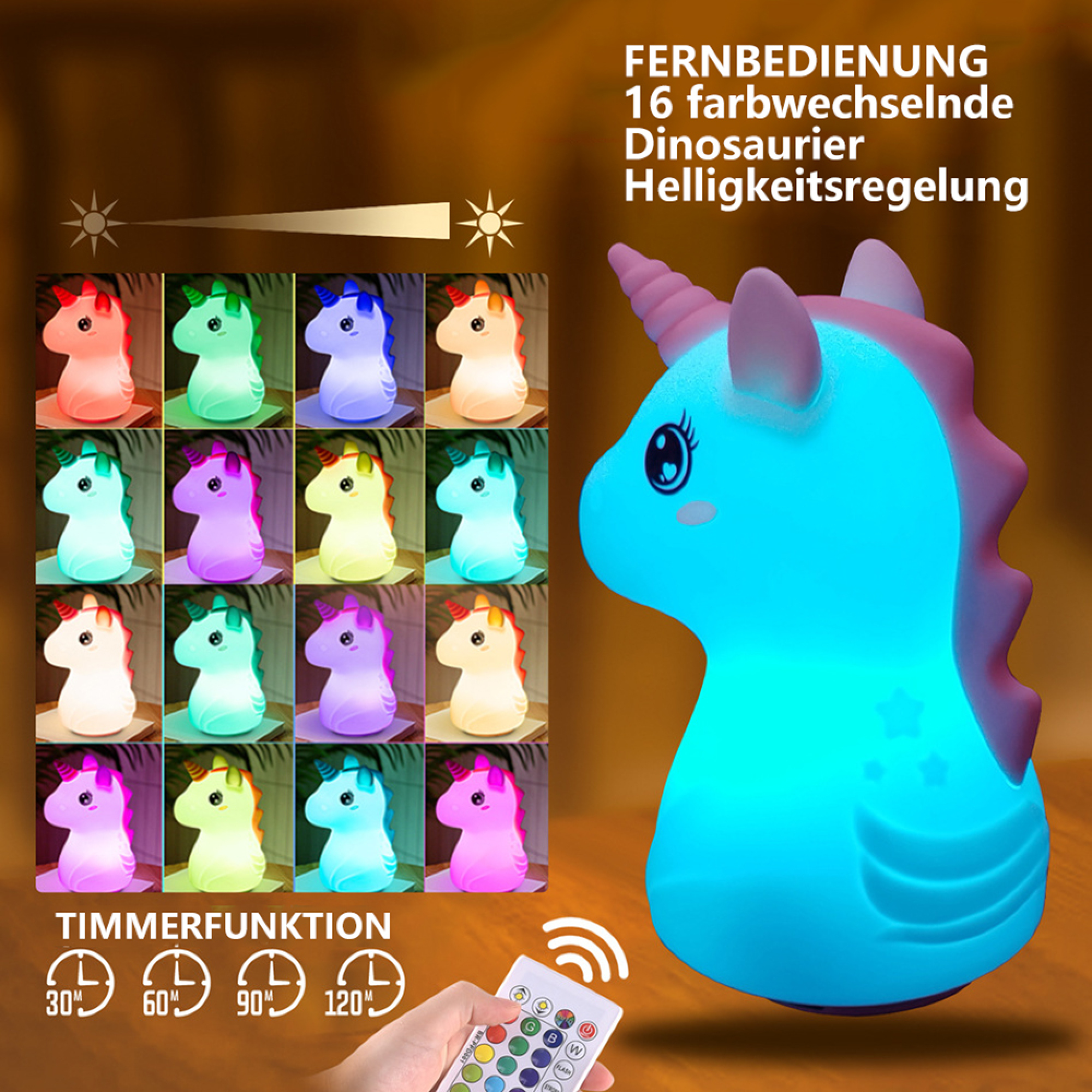 Ein blaues Einhorn-Nachtlicht mit Fernbedienung und Farbwechsel-Optionen.