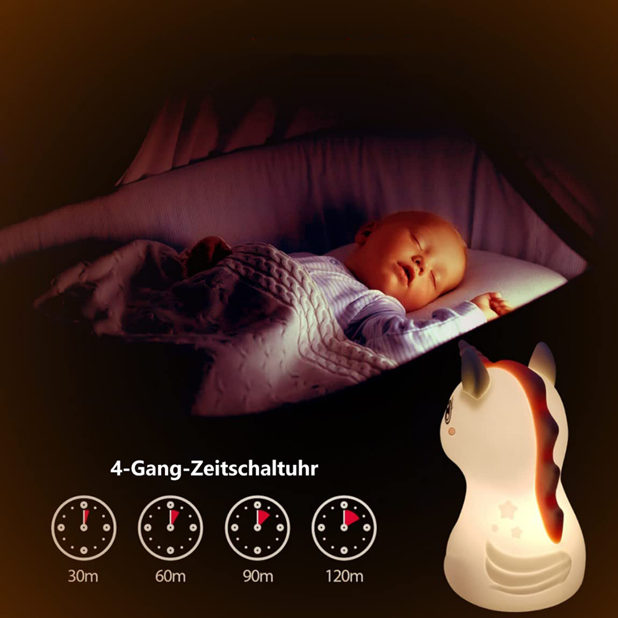 Ein Baby schläft in einer Wiege neben einem Einhorn-Nachtlicht und Timer-Symbolen für 30, 60, 90 und 120 Minuten.