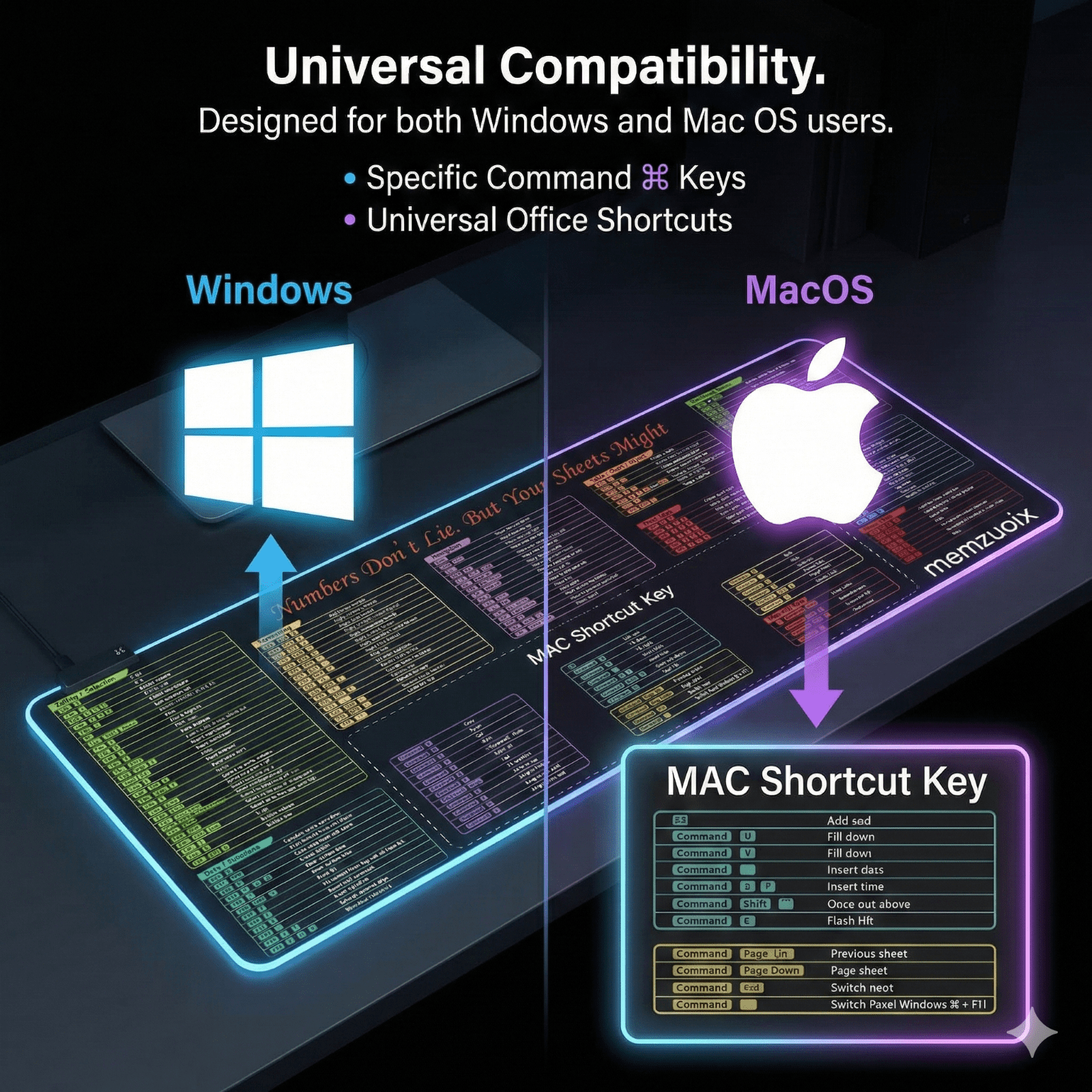 Eine Schreibtischunterlage mit Windows- und MacOS-Tastenkombinationen.
