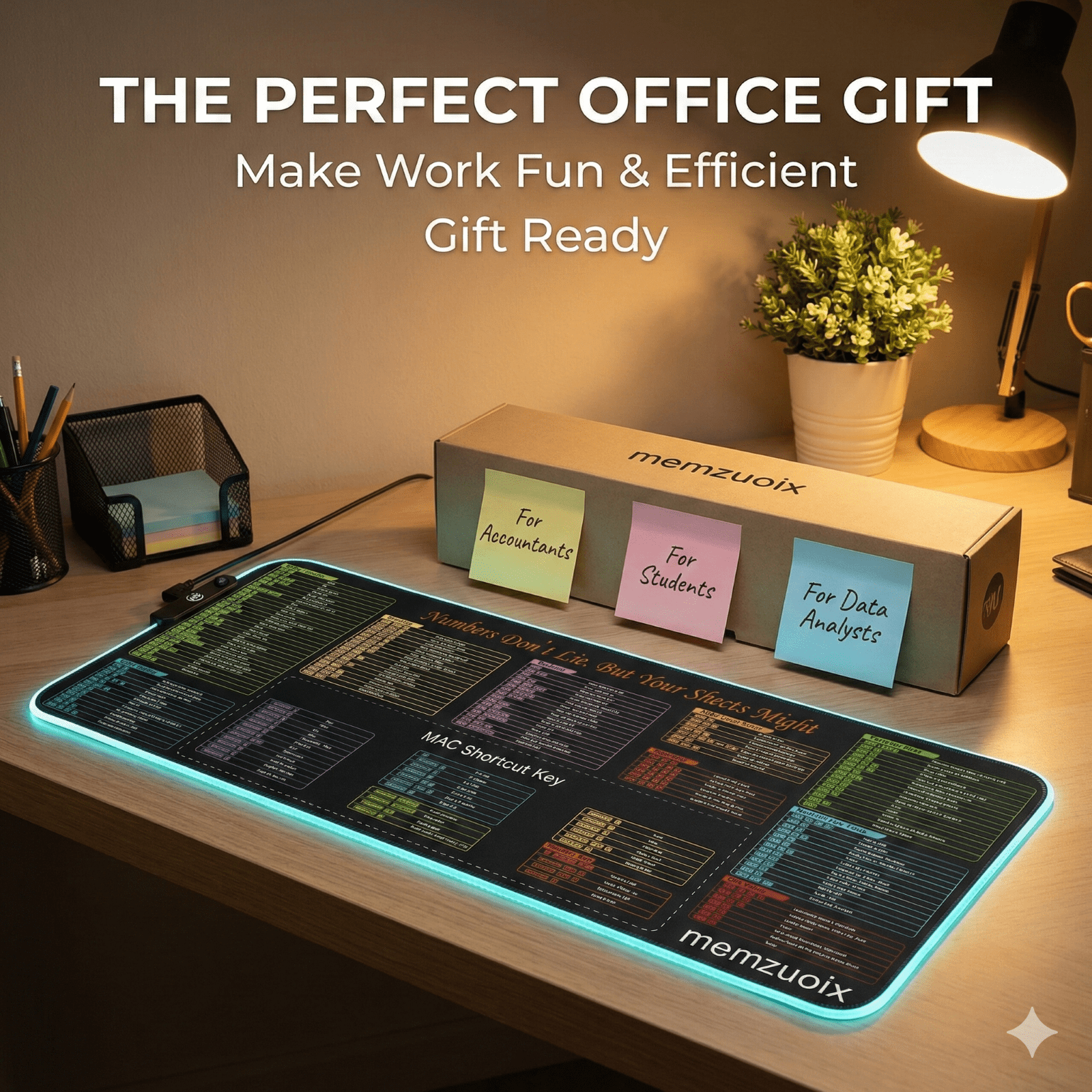 Ein beleuchtetes Mauspad mit Shortcuts auf einem Schreibtisch, daneben eine Geschenkbox, Stifte und eine Lampe.