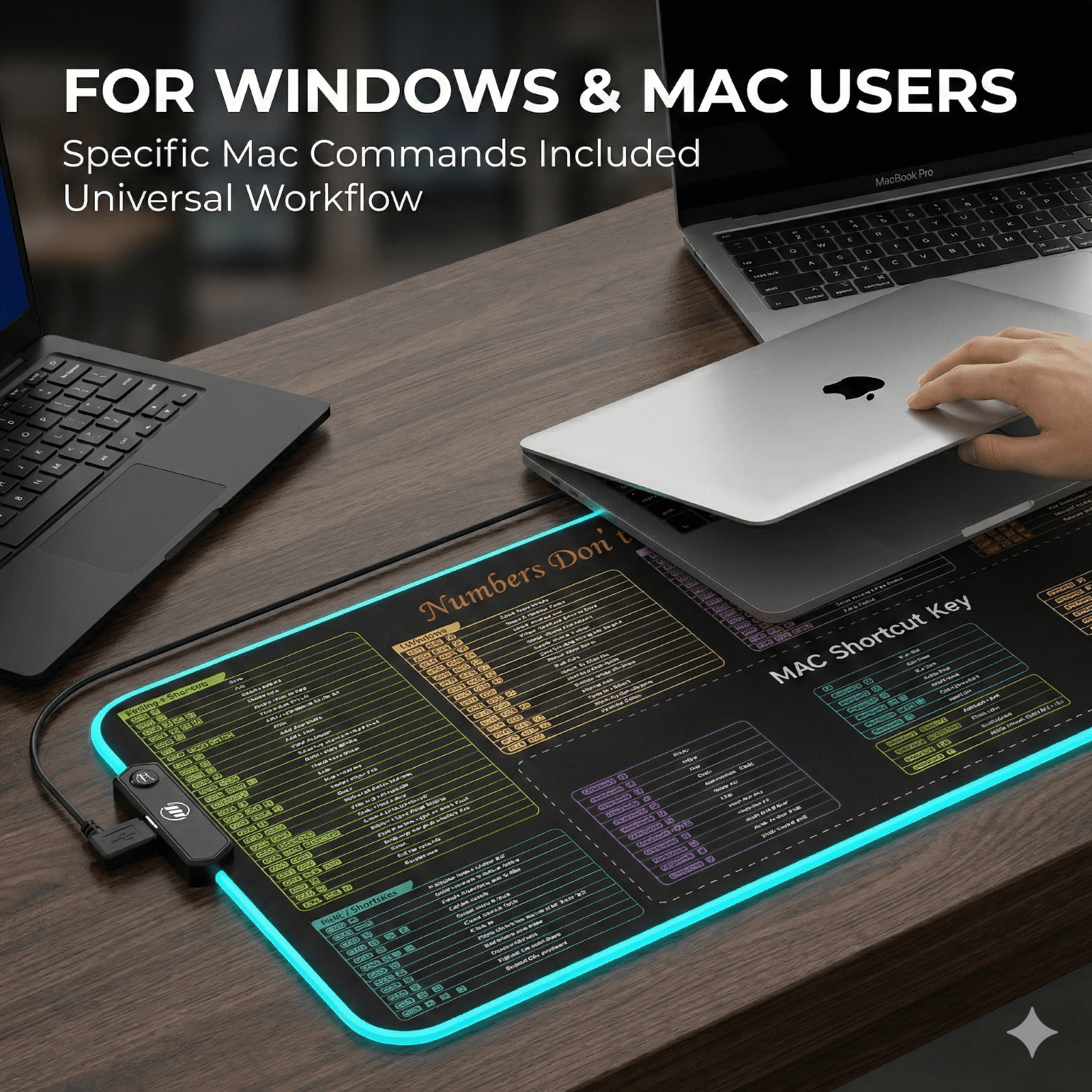 Laptops und ein beleuchtetes Mauspad mit Shortcut-Tasten auf einem Holztisch.
