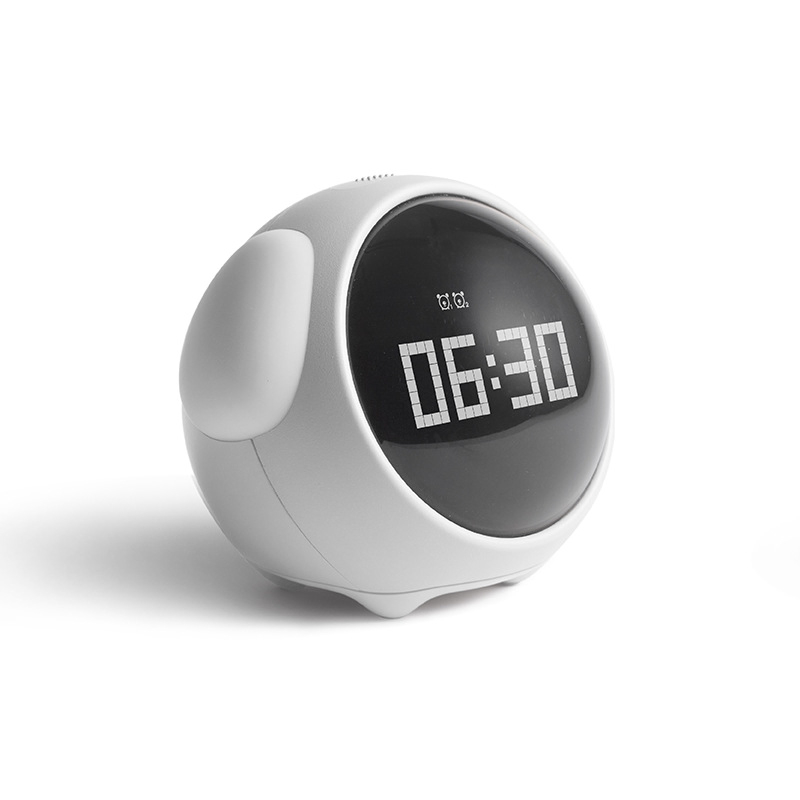 Ein runder, weißer digitaler Wecker mit schwarzem Display zeigt 06:30 auf weißem Hintergrund.