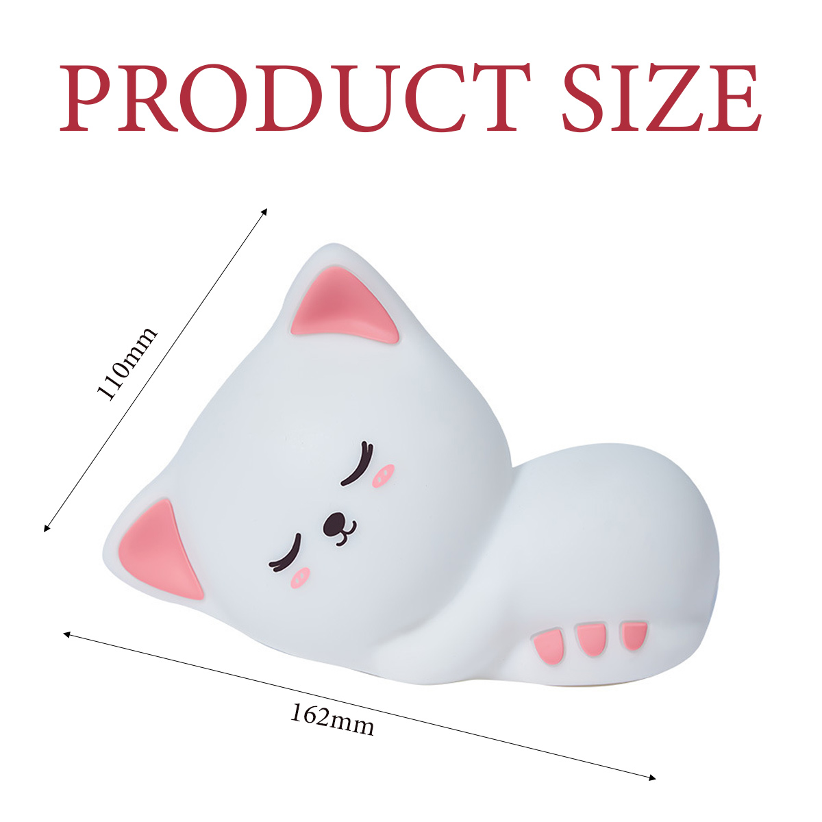 Produktgröße: Eine weiße, schlafende Katzen-Nachtlampe mit rosa Details zeigt die Maße 110mm mal 162mm.